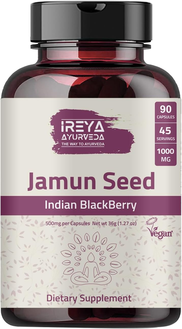 Ireya Ayurveda Jamun Seed Capsules 1000mg - 90 Capsules, 45 Days Supply - Indian BlackBerry Eugenia Jambolana Herbal Supplement