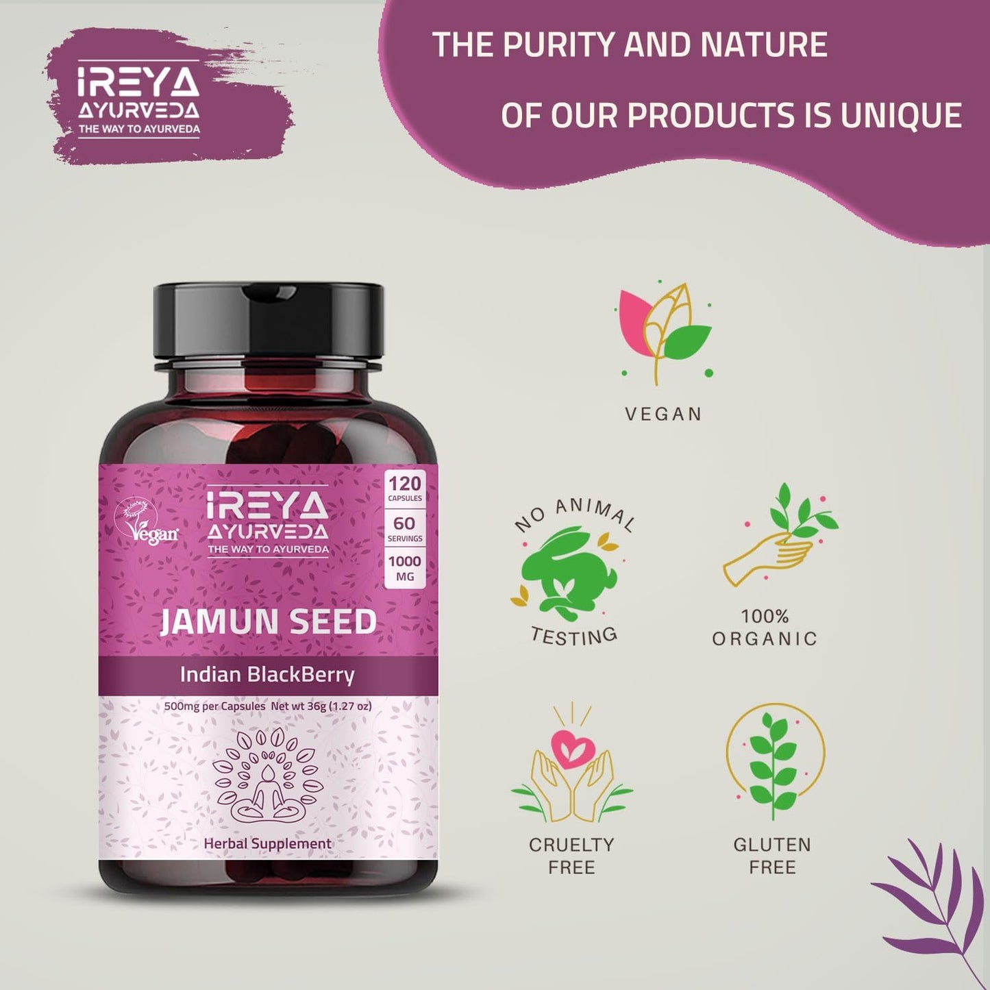 Ireya Ayurveda Jamun Seed Capsules 1000mg - 90 Capsules, 45 Days Supply - Indian BlackBerry Eugenia Jambolana Herbal Supplement