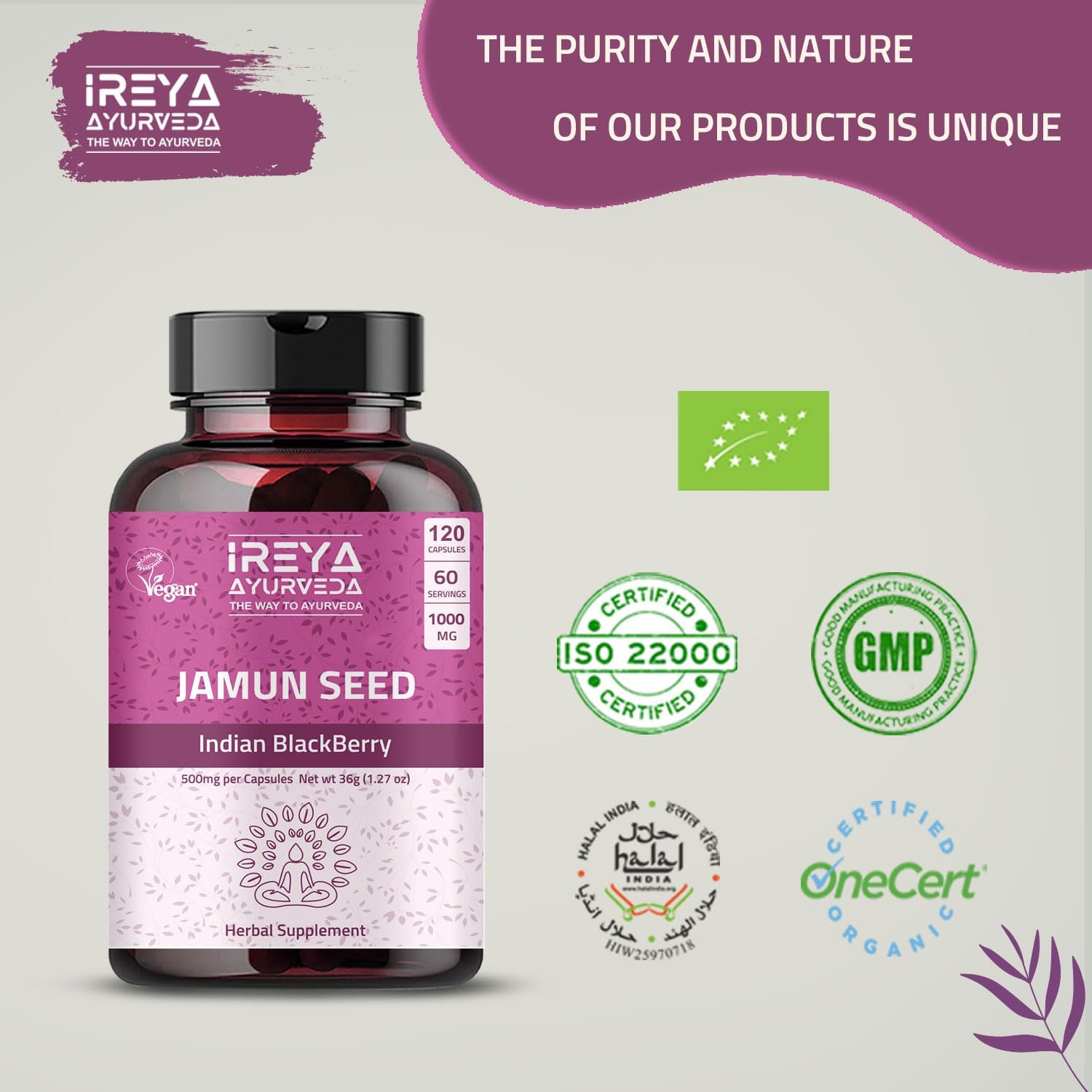 Ireya Ayurveda Jamun Seed Capsules 1000mg - 90 Capsules, 45 Days Supply - Indian BlackBerry Eugenia Jambolana Herbal Supplement