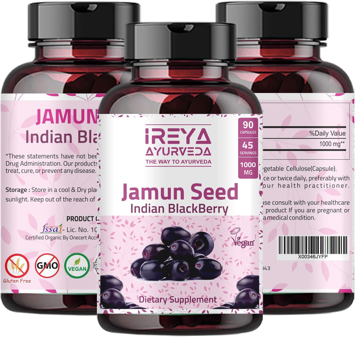 Ireya Ayurveda Jamun Seed Capsules 1000mg - 90 Capsules, 45 Days Supply - Indian BlackBerry Eugenia Jambolana Herbal Supplement