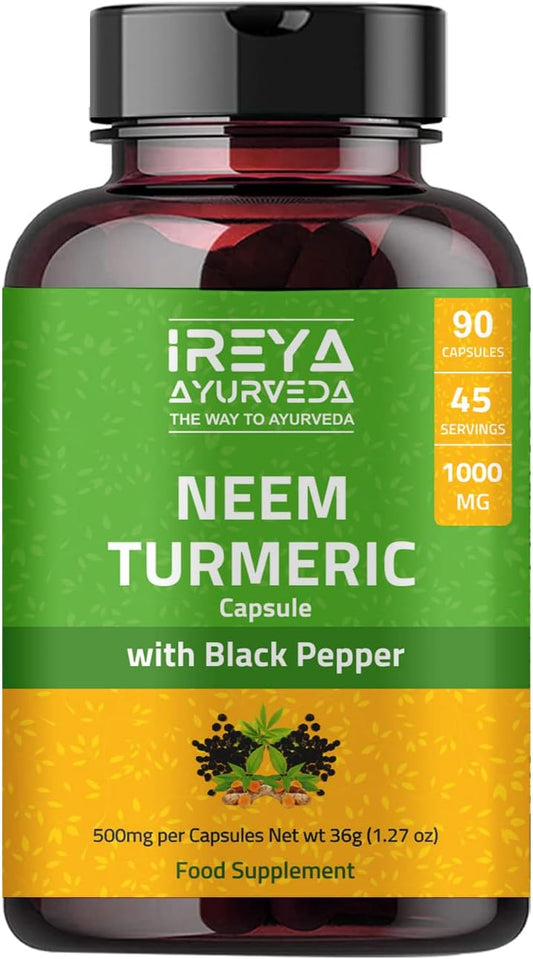 Ireya Ayurveda Neem Turmeric Capsules 1000mg | 90 Capsules with Black Pepper for Immune Support | Natural Neem and Turmeric Supplement