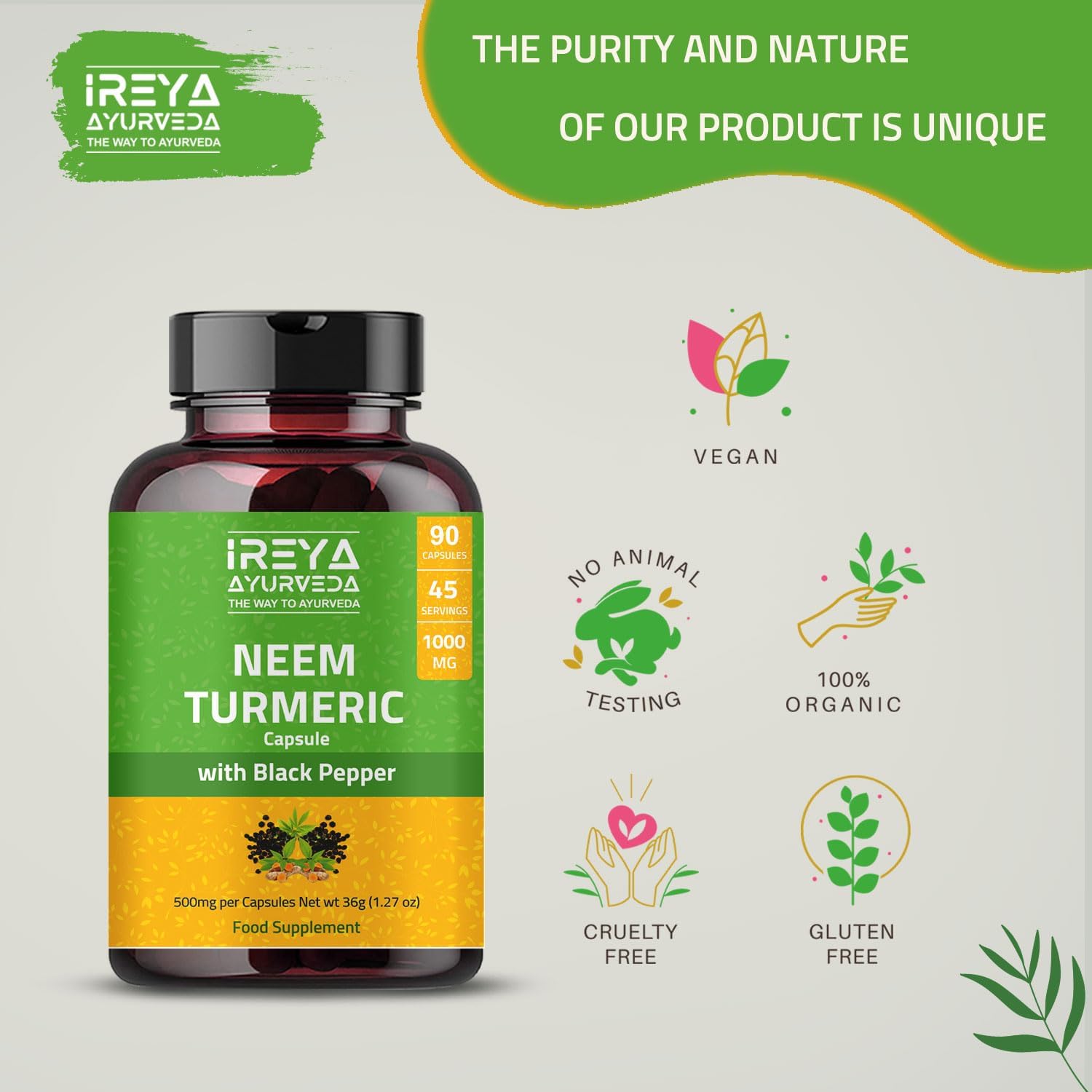 Ireya Ayurveda Neem Turmeric Capsules 1000mg | 90 Capsules with Black Pepper for Immune Support | Natural Neem and Turmeric Supplement