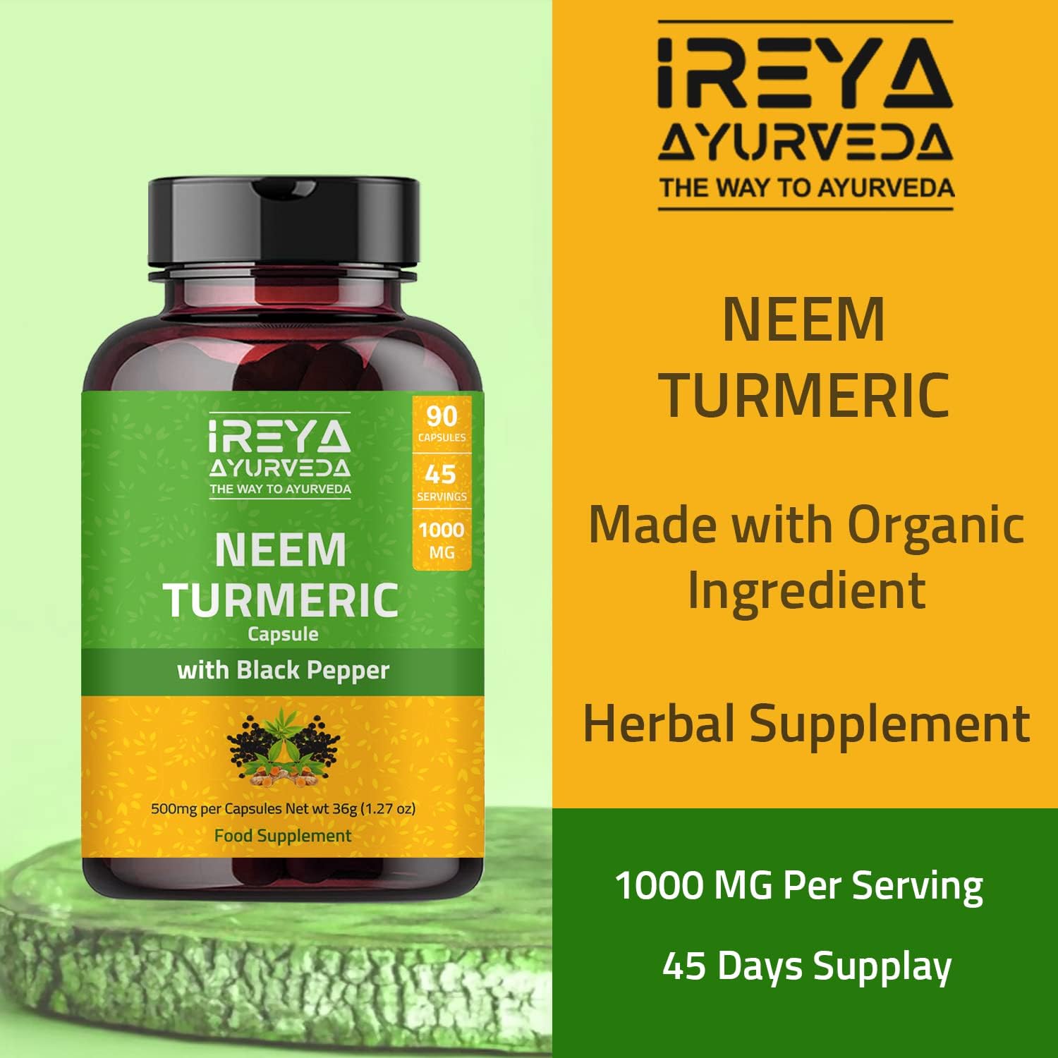 Ireya Ayurveda Neem Turmeric Capsules 1000mg | 90 Capsules with Black Pepper for Immune Support | Natural Neem and Turmeric Supplement