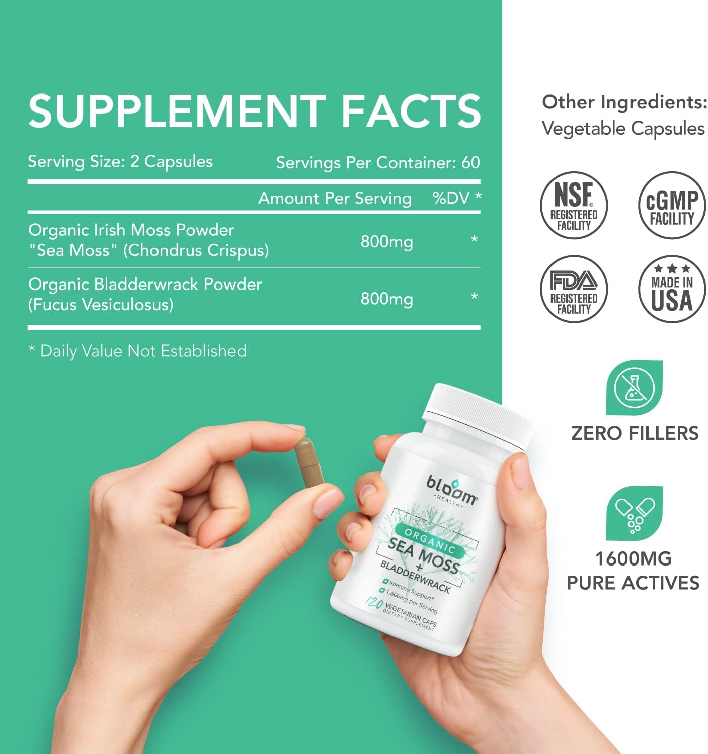 Irish Moss Supplement Capsules for Thyroid & Immune Support - Vegan Sea Moss Pills for Health - Non-GMO, Raw, 120 Vegetarian Capsules