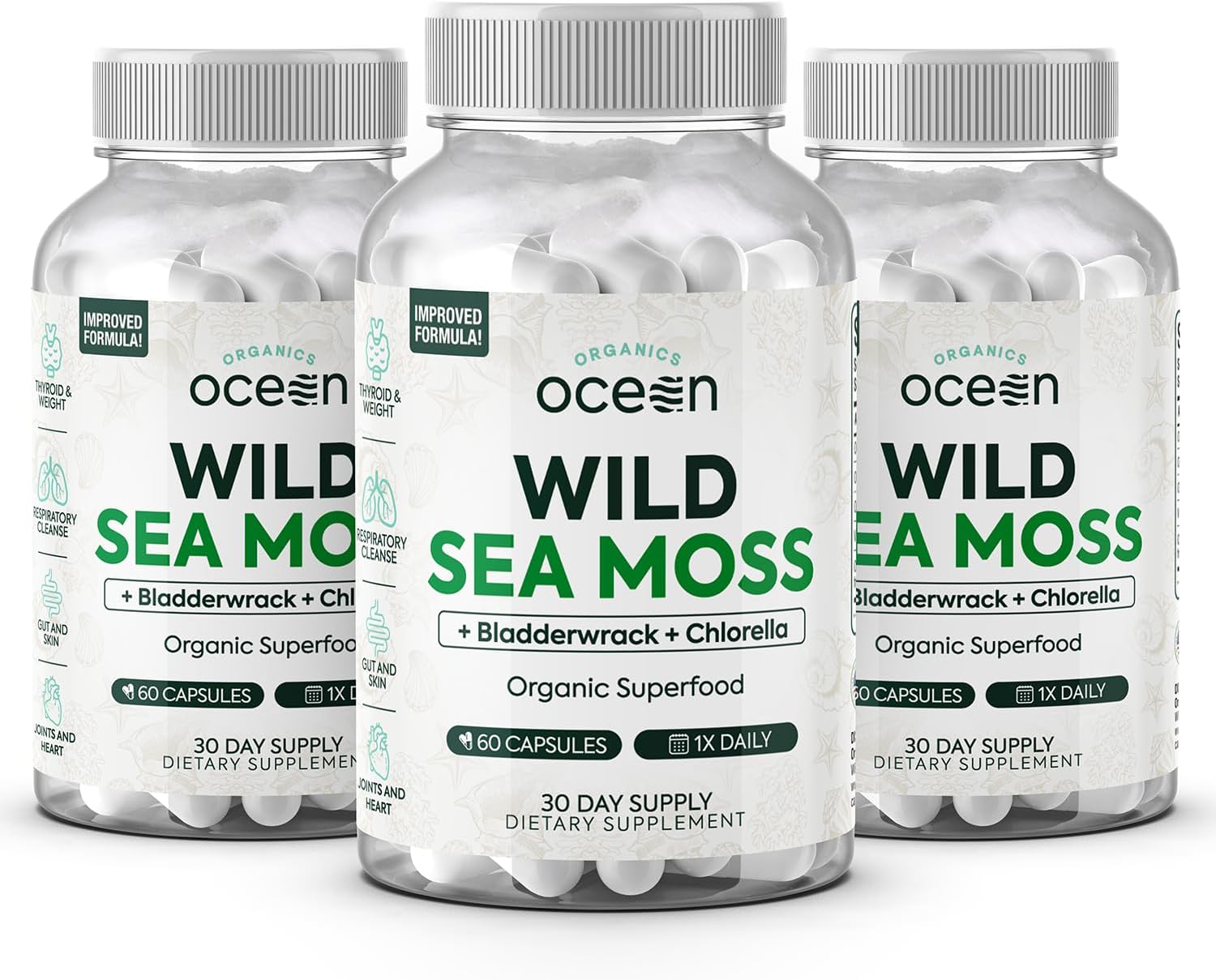 Irish Sea Moss Capsules with Chlorella, Bladderwrack, and Vitamin D - Organic Energy & Thyroid Support - 3 Bottles