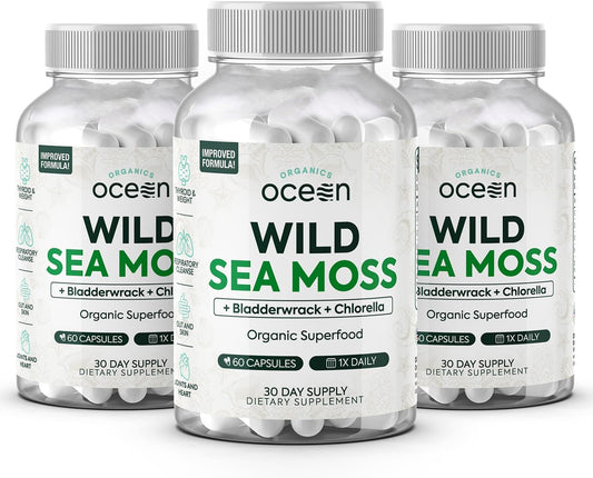 Irish Sea Moss Capsules with Chlorella, Bladderwrack, and Vitamin D - Organic Energy & Thyroid Support - 3 Bottles