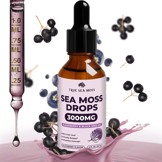 Irish Sea Moss Drops with Elderberry, Burdock Root, Black Cumin - Digestive, Immune, Skin & Hair Health - Energy Boost - BlackBerry Flavor - 2 Fl Oz