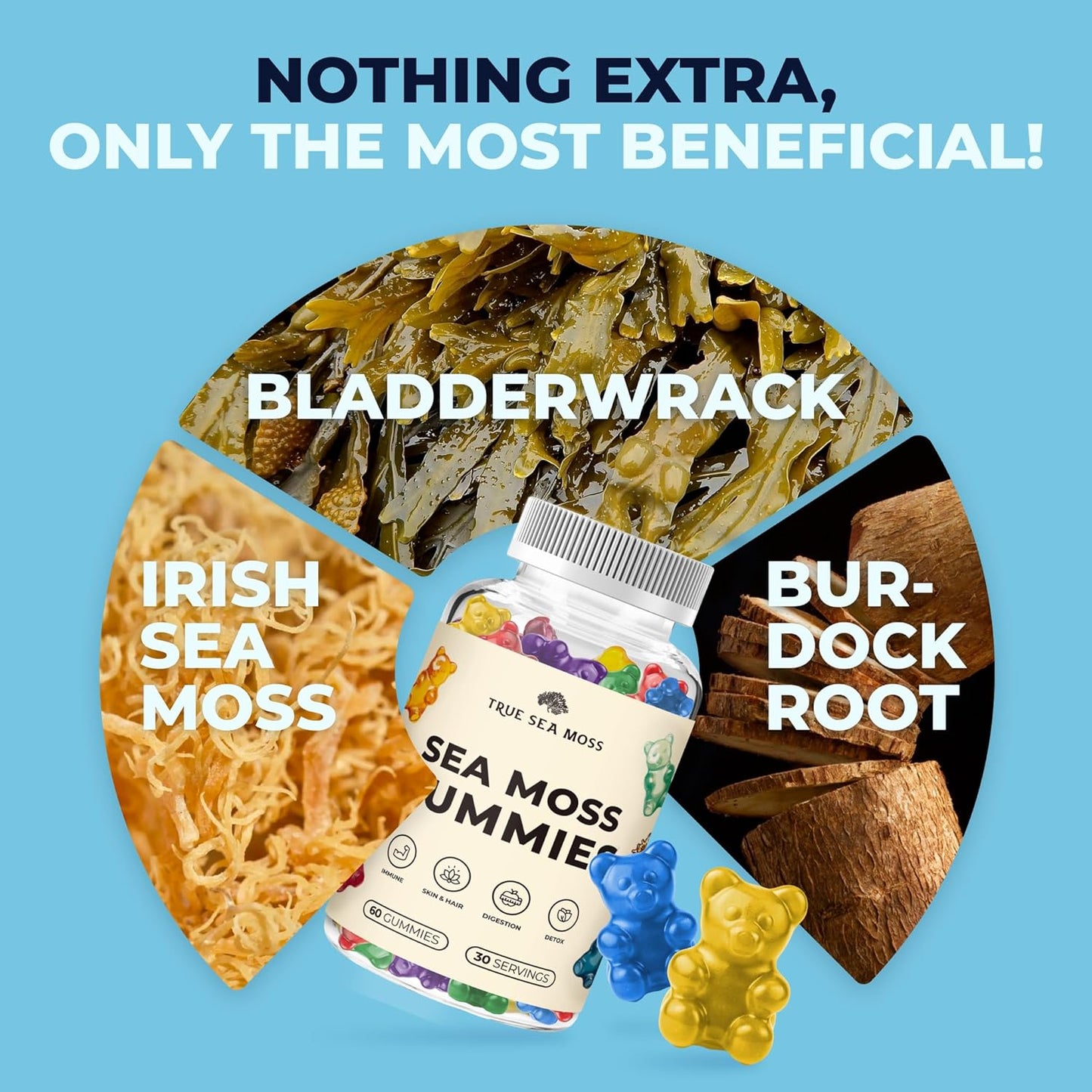 Irish Sea Moss Gummies with Burdock Root & Bladderwrack - 60ct for Immune Support, Skin & Hair Health - Made in USA, Great for All Ages