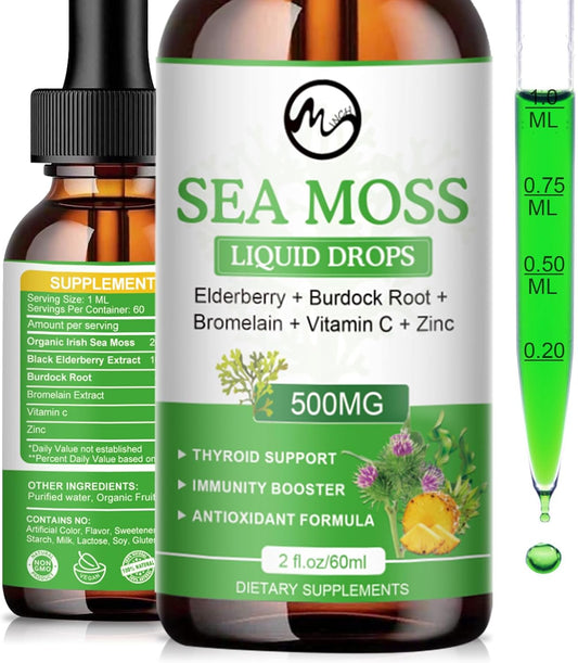 Irish Sea Moss Liquid Drops with Elderberry, Burdock Root, Bromelain, Vitamin C, and Zinc - 98 Essential Minerals Supplement for Immune, Joint, Digestion, and Aging Support - 2oz