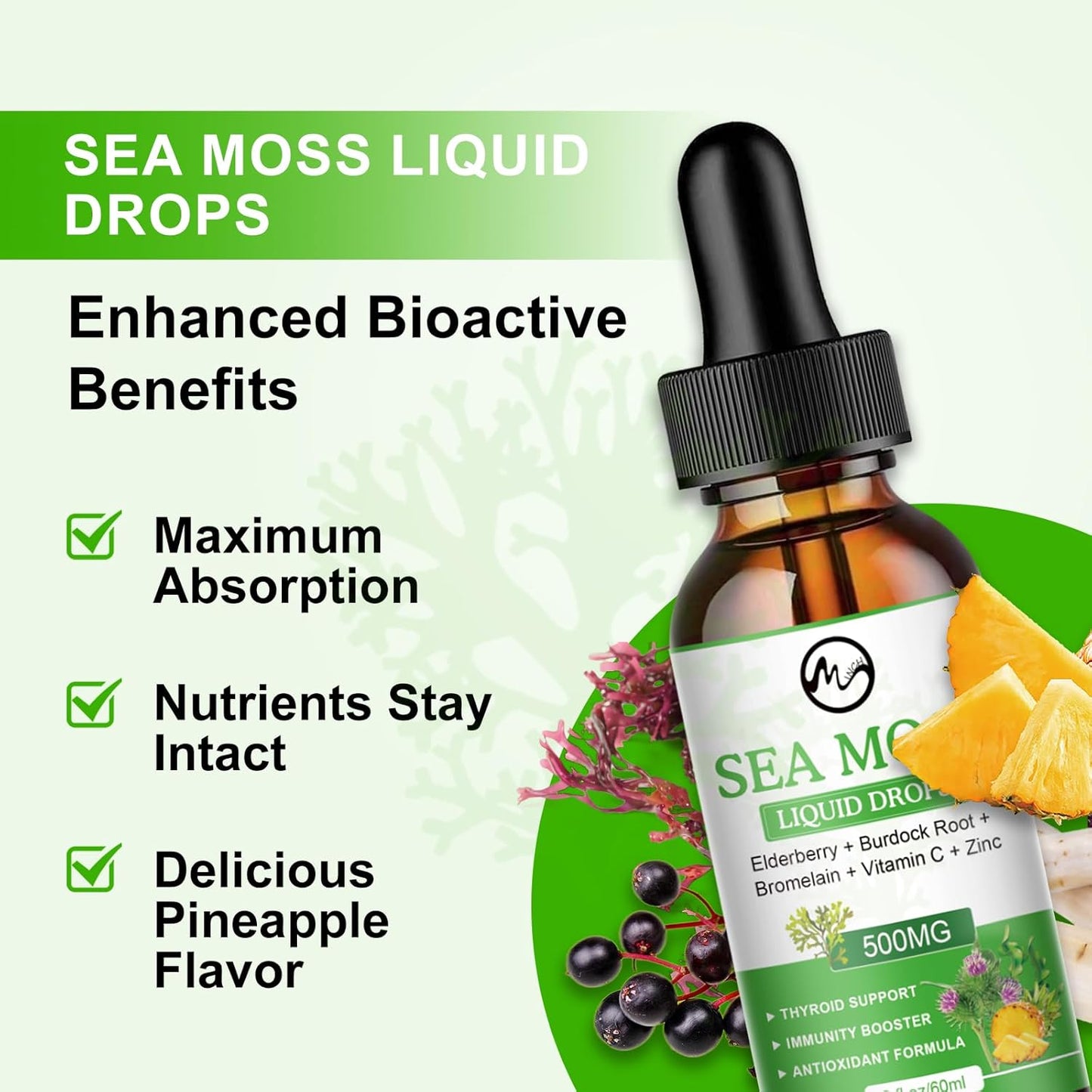 Irish Sea Moss Liquid Drops with Elderberry, Burdock Root, Bromelain, Vitamin C, and Zinc - 98 Essential Minerals Supplement for Immune, Joint, Digestion, and Aging Support - 2oz