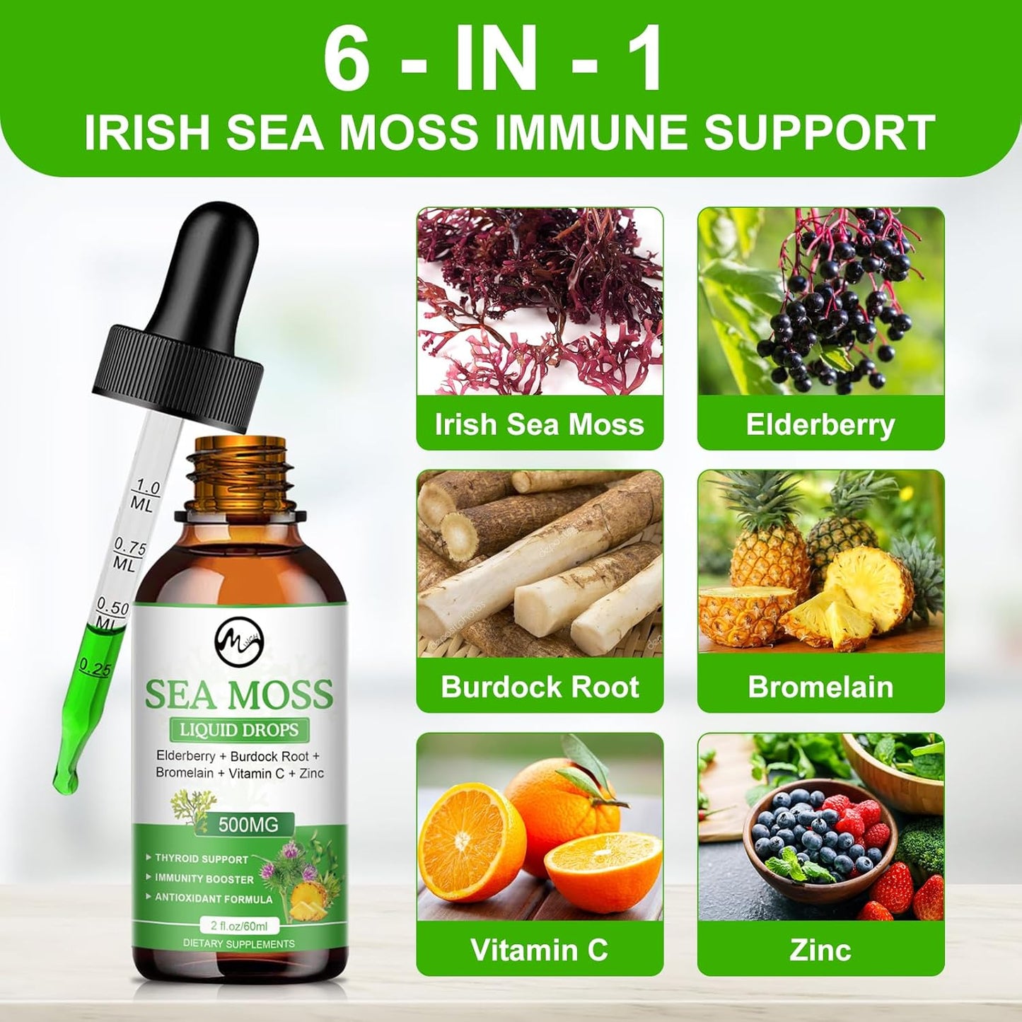 Irish Sea Moss Liquid Drops with Elderberry, Burdock Root, Bromelain, Vitamin C, and Zinc - 98 Essential Minerals Supplement for Immune, Joint, Digestion, and Aging Support - 2oz