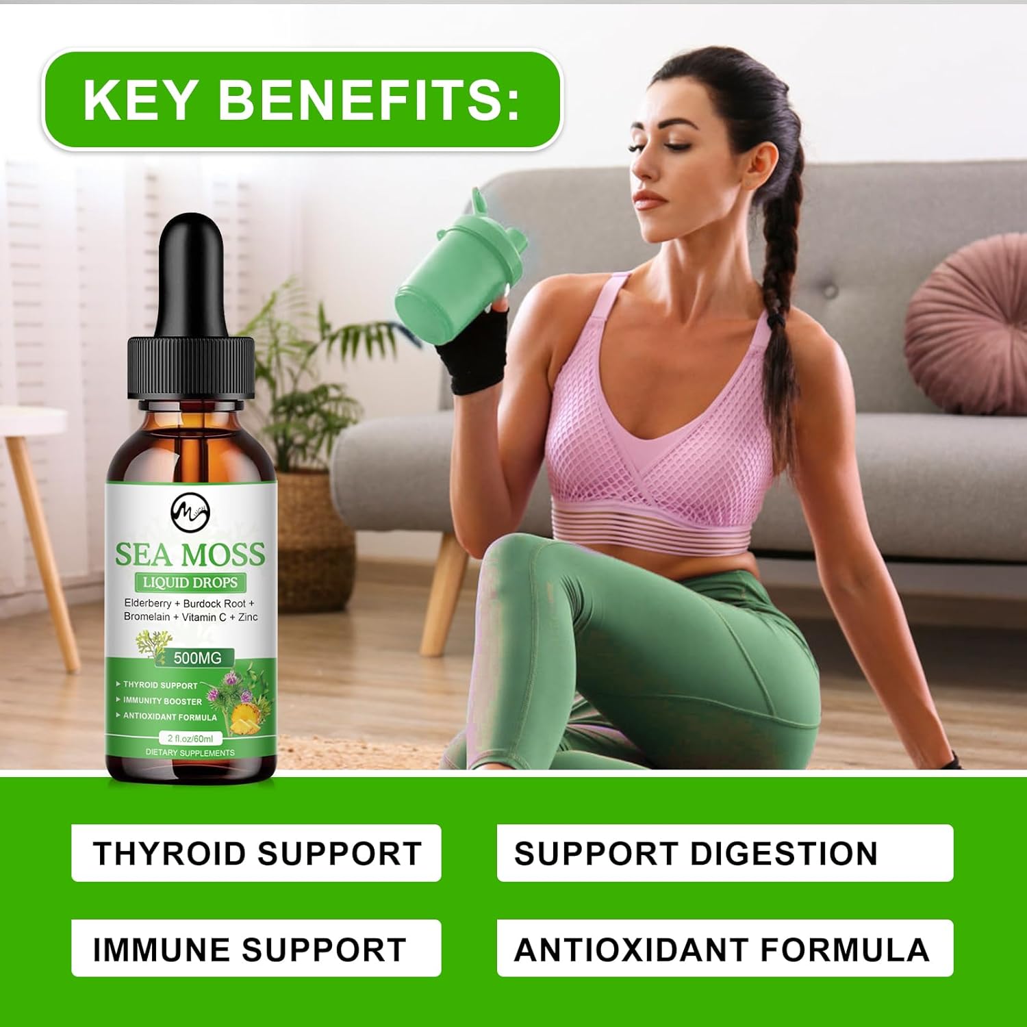 Irish Sea Moss Liquid Drops with Elderberry, Burdock Root, Bromelain, Vitamin C, and Zinc - 98 Essential Minerals Supplement for Immune, Joint, Digestion, and Aging Support - 2oz