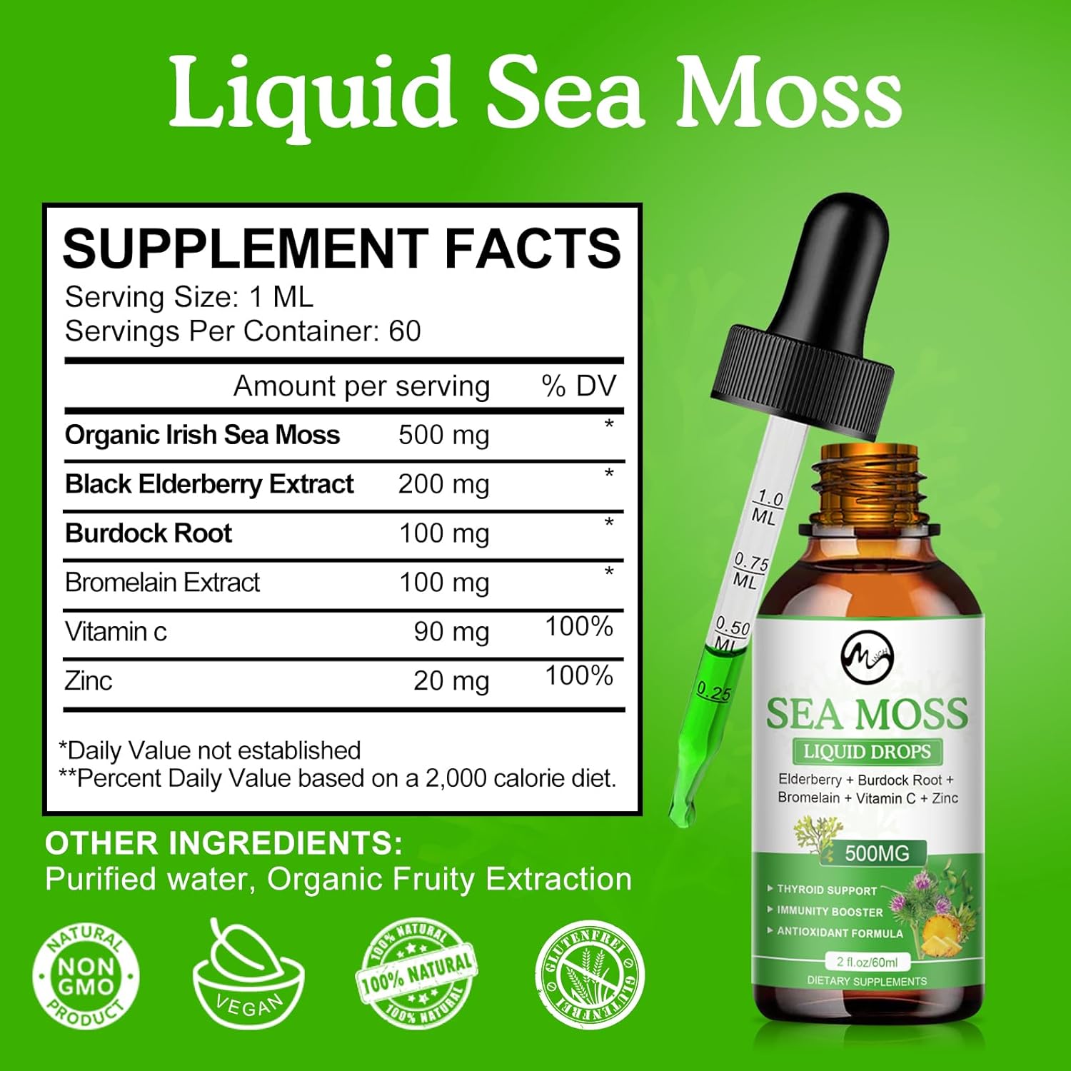 Irish Sea Moss Liquid Drops with Elderberry, Burdock Root, Bromelain, Vitamin C, and Zinc - 98 Essential Minerals Supplement for Immune, Joint, Digestion, and Aging Support - 2oz