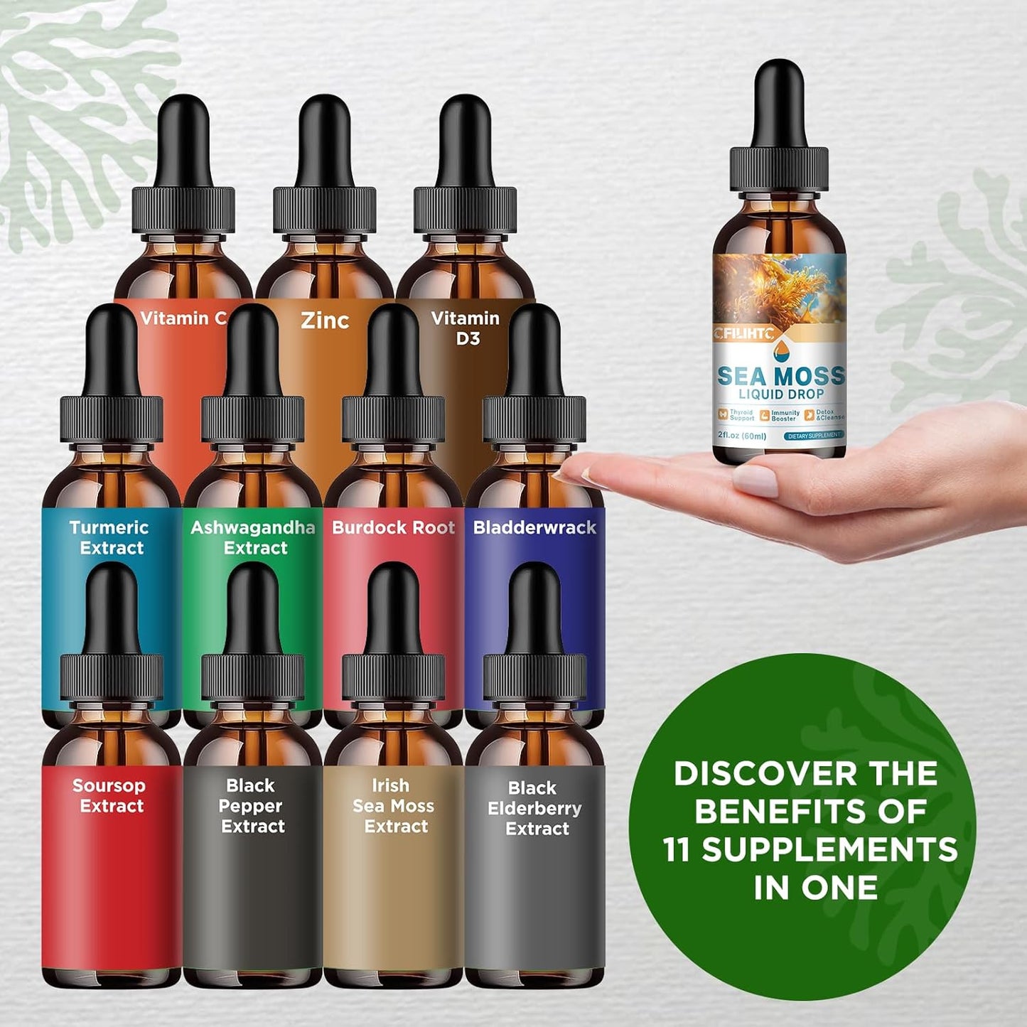 Irish Sea Moss Liquid Drops with Soursop, Black Elderberry, Ashwagandha, and Burdock Root - Antioxidant and Immune Support Supplement for Skin and Gut Health - 2 Fl Oz