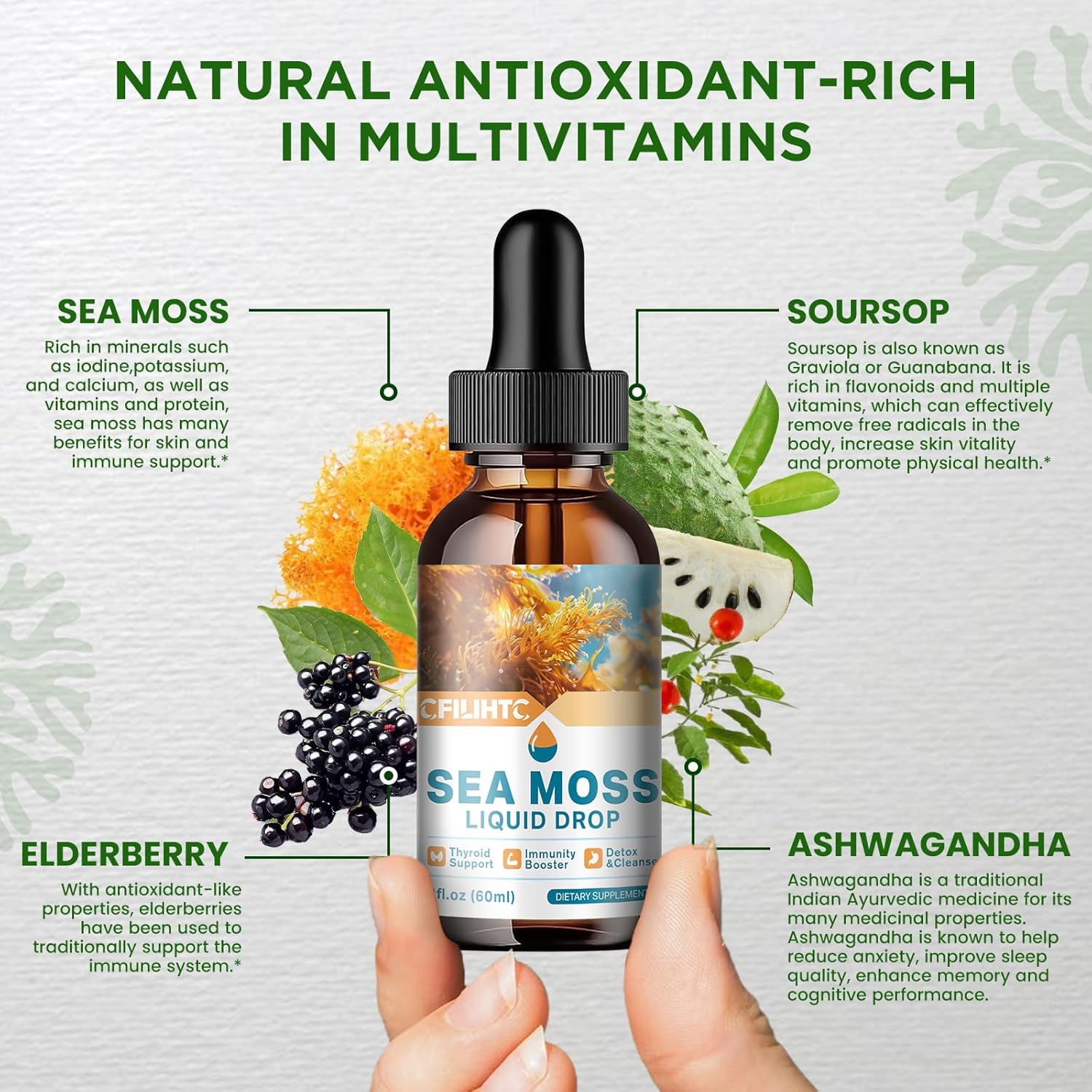 Irish Sea Moss Liquid Drops with Soursop, Black Elderberry, Ashwagandha, and Burdock Root - Antioxidant and Immune Support Supplement for Skin and Gut Health - 2 Fl Oz