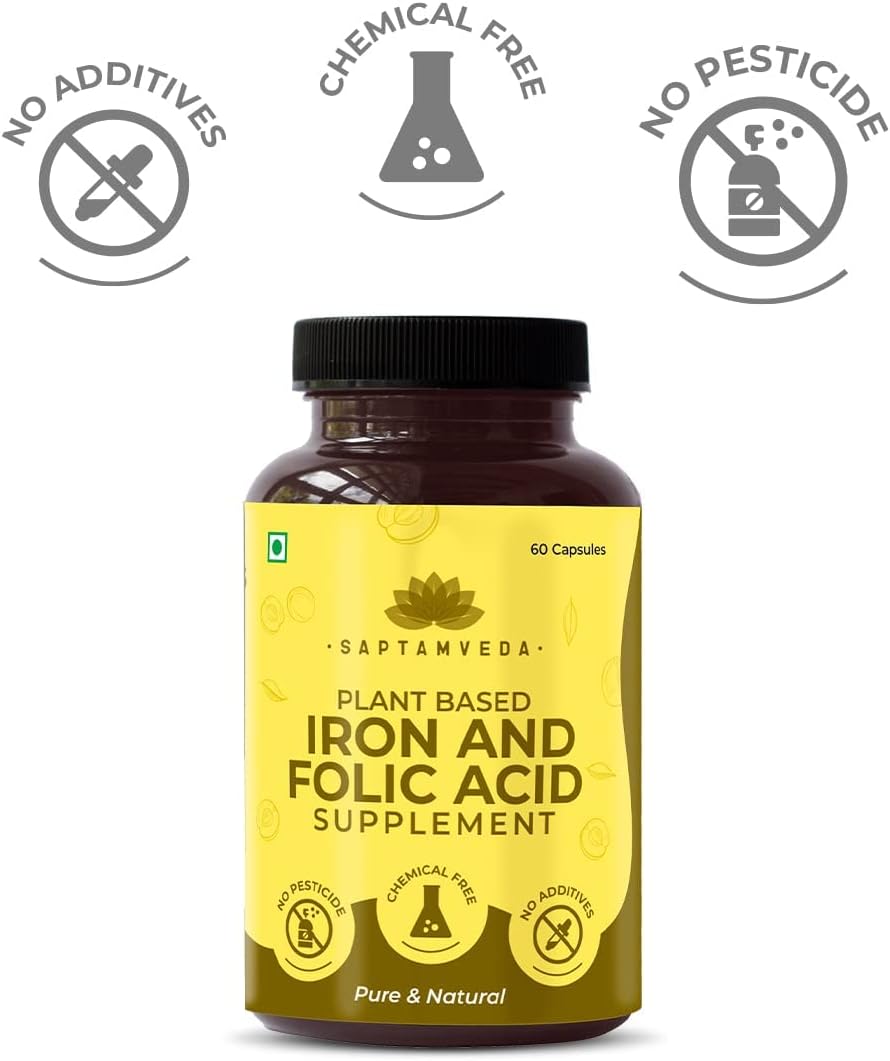 Iron and Folic Acid with Vitamin C 60 Veg Capsules by Kavir Natural - Dietary Supplement for Immune Support and Energy Boost