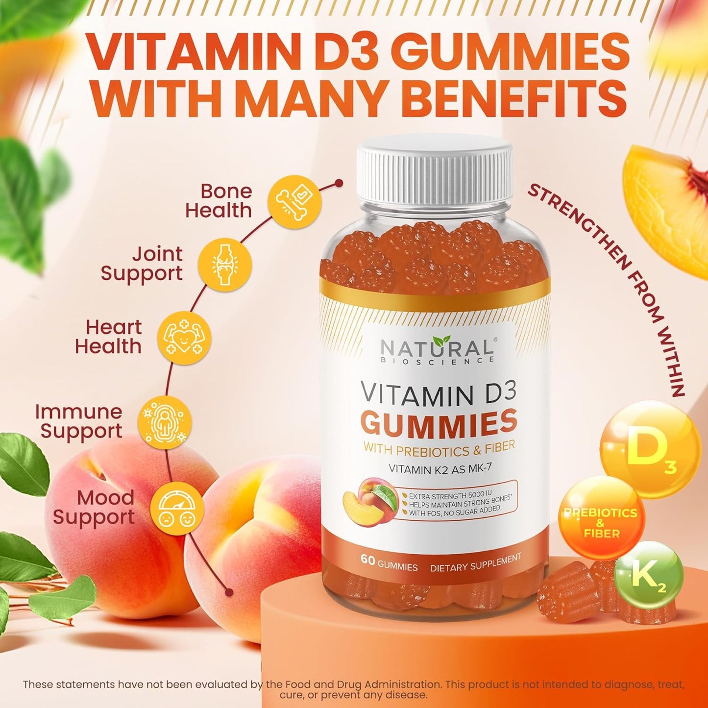 Iron and Vitamin D3 K2 Gummies with Vitamin C - Sugar-Free, 5000 IU, Extra Strength for Immune, Bone, Heart, Energy Support - 60 Gummy Vitamins