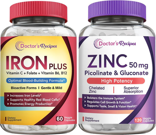 Iron and Zinc Bundle for Energy, Blood Support, and Immune Health - Doctor's Recipes for Men & Women, High Absorption, Non-GMO