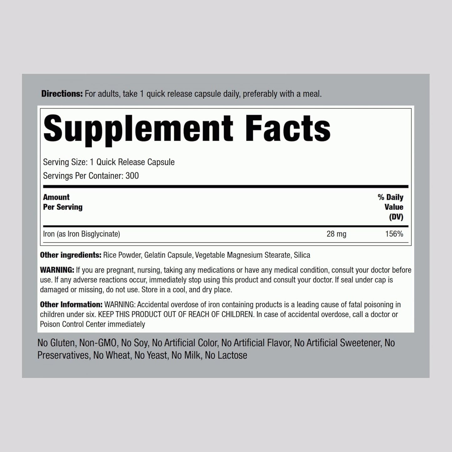 Iron Bisglycinate 28 mg Supplement - 300 Capsules | Gentle, Non-GMO, Gluten-Free Iron Formula