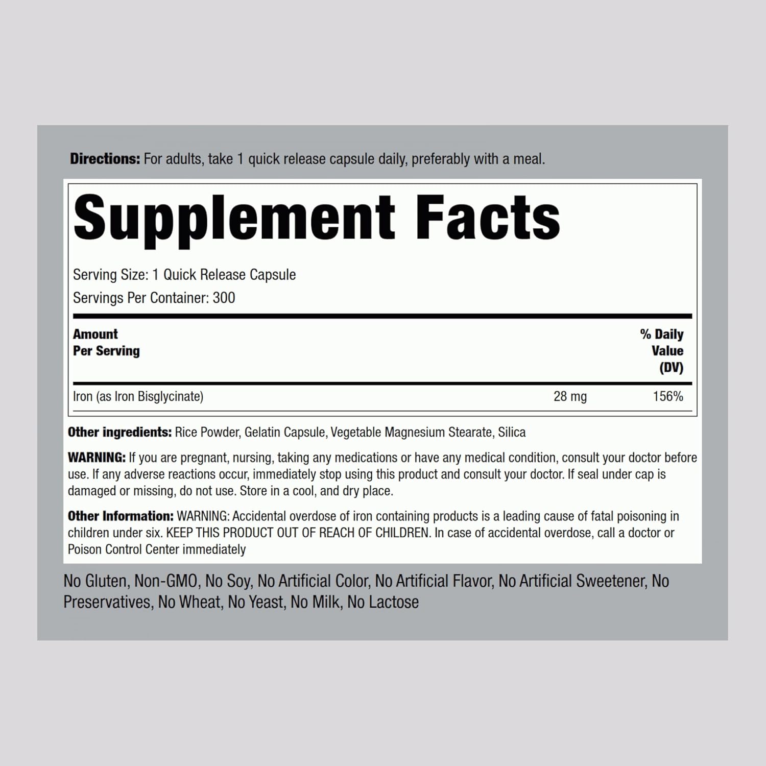 Iron Bisglycinate 28 mg Supplement - 300 Capsules | Gentle, Non-GMO, Gluten-Free Iron Formula