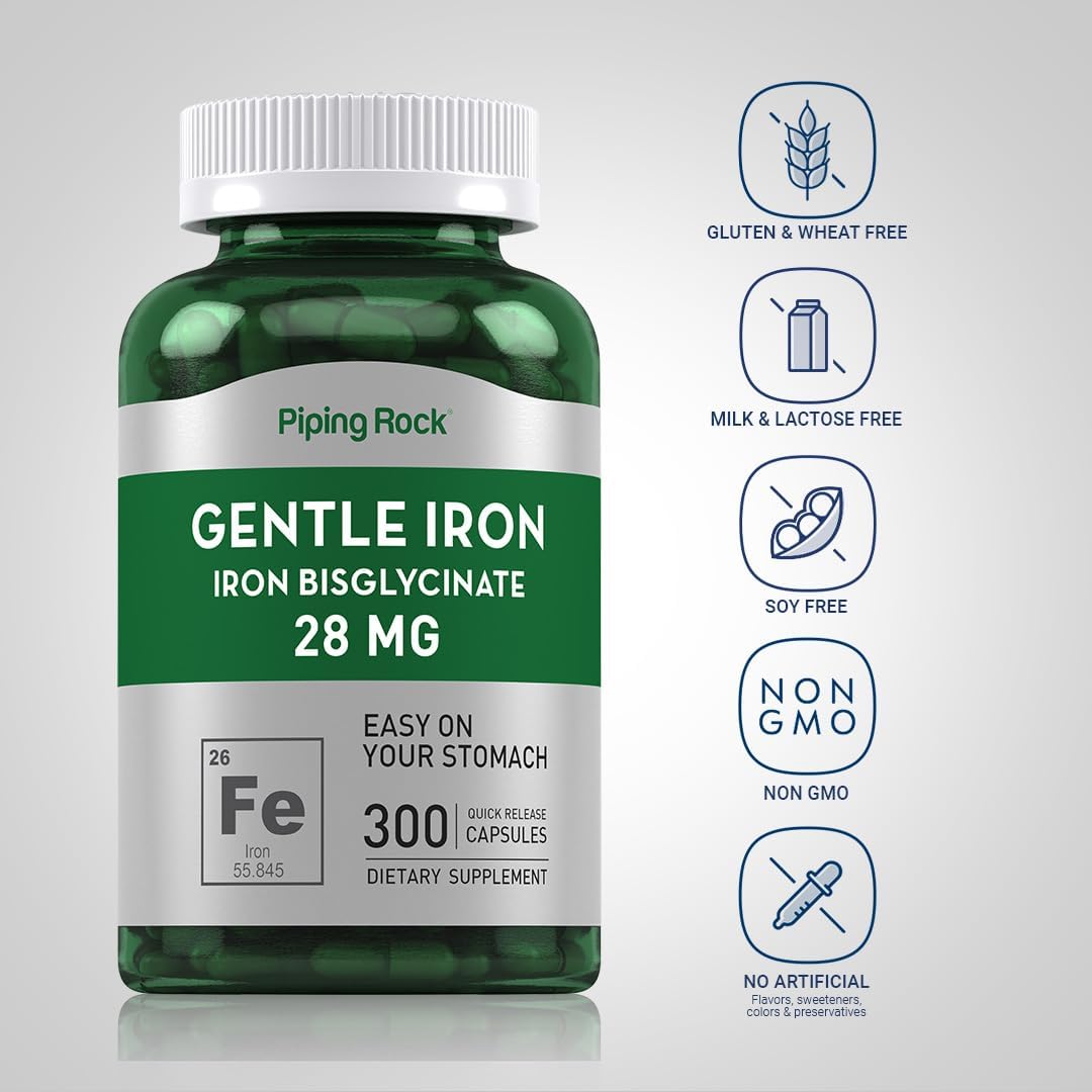 Iron Bisglycinate 28 mg Supplement - 300 Capsules | Gentle, Non-GMO, Gluten-Free Iron Formula