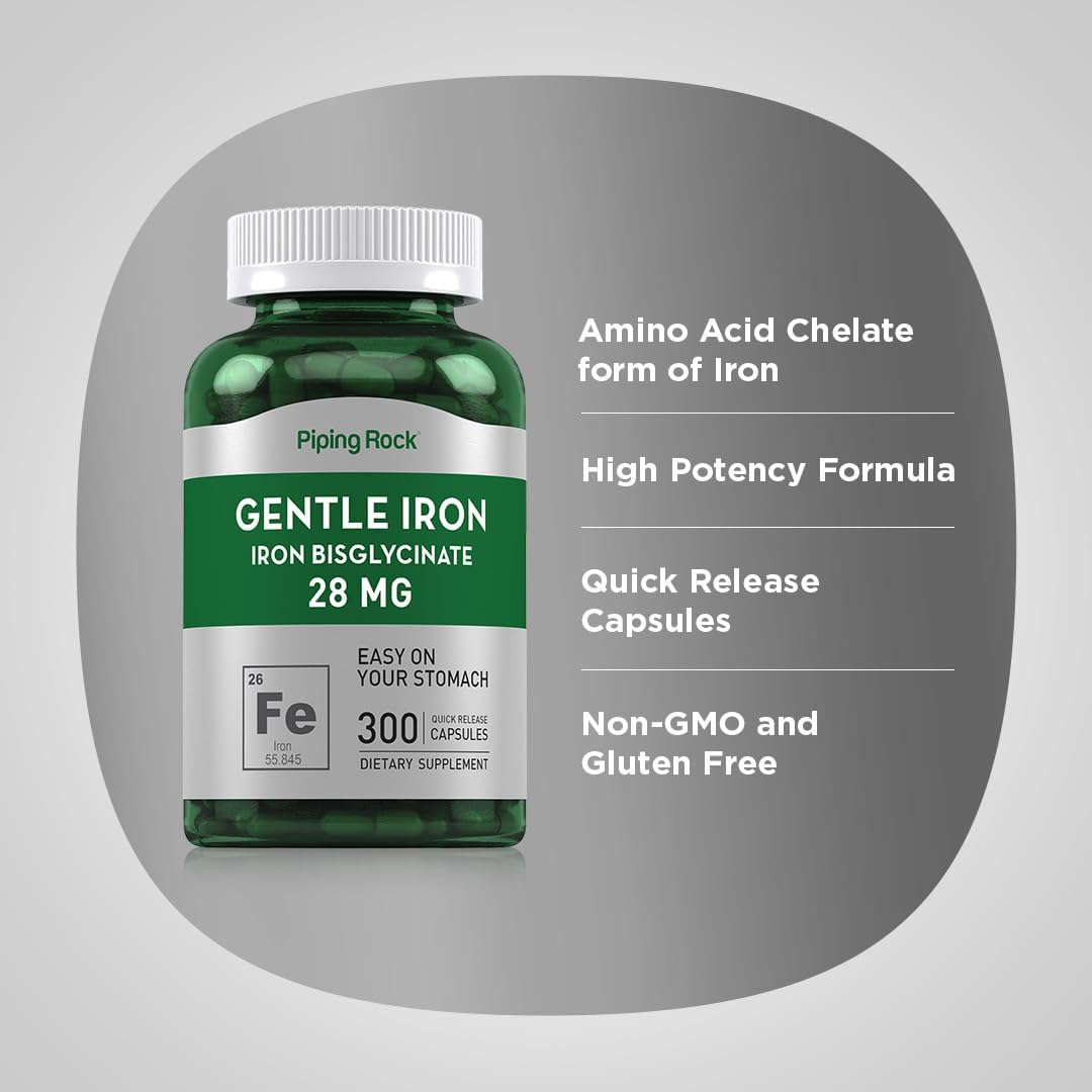 Iron Bisglycinate 28 mg Supplement - 300 Capsules | Gentle, Non-GMO, Gluten-Free Iron Formula