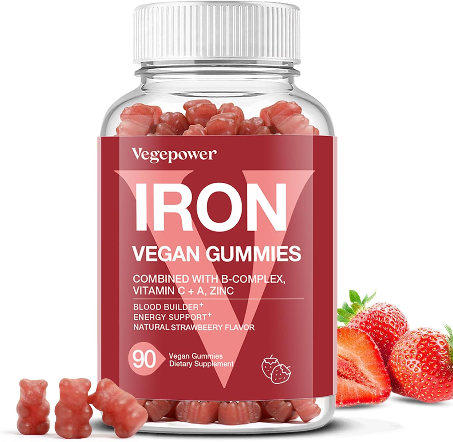 Iron Bisglycinate & Strawberry Vegan Gummies - 30MG | 150 Count Vegan Iron Supplement for Energy & Blood Support