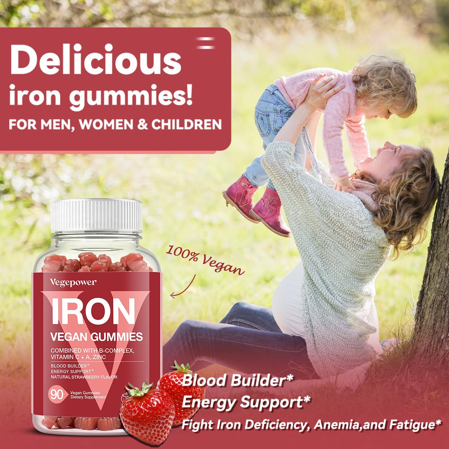 Iron Bisglycinate & Strawberry Vegan Gummies - 30MG | 150 Count Vegan Iron Supplement for Energy & Blood Support