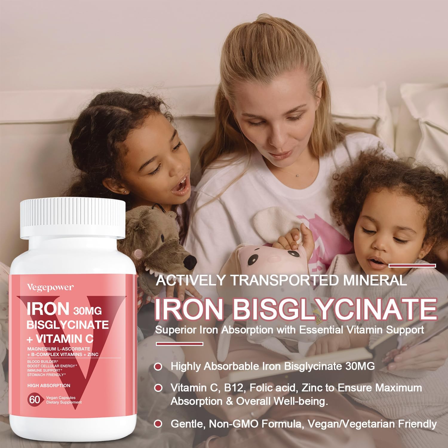 Iron Bisglycinate & Strawberry Vegan Gummies - 30MG | 150 Count Vegan Iron Supplement for Energy & Blood Support