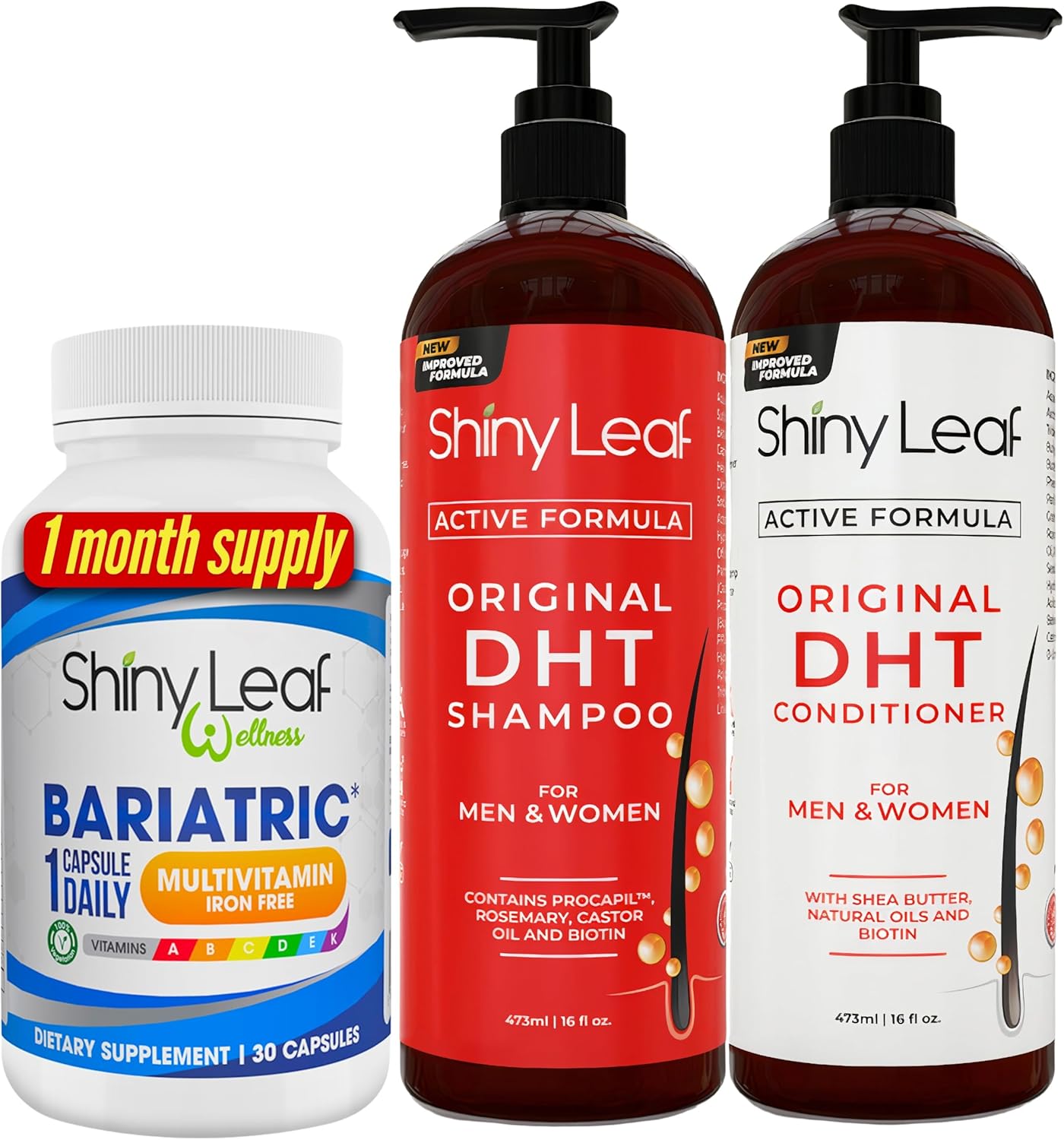 Iron-Free Bariatric Multivitamin Shampoo & Conditioner for Hair Loss - Women & Men DHT Blocker Formula by Shiny Leaf