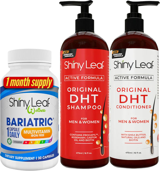 Iron-Free Bariatric Multivitamin Shampoo & Conditioner for Hair Loss - Women & Men DHT Blocker Formula by Shiny Leaf