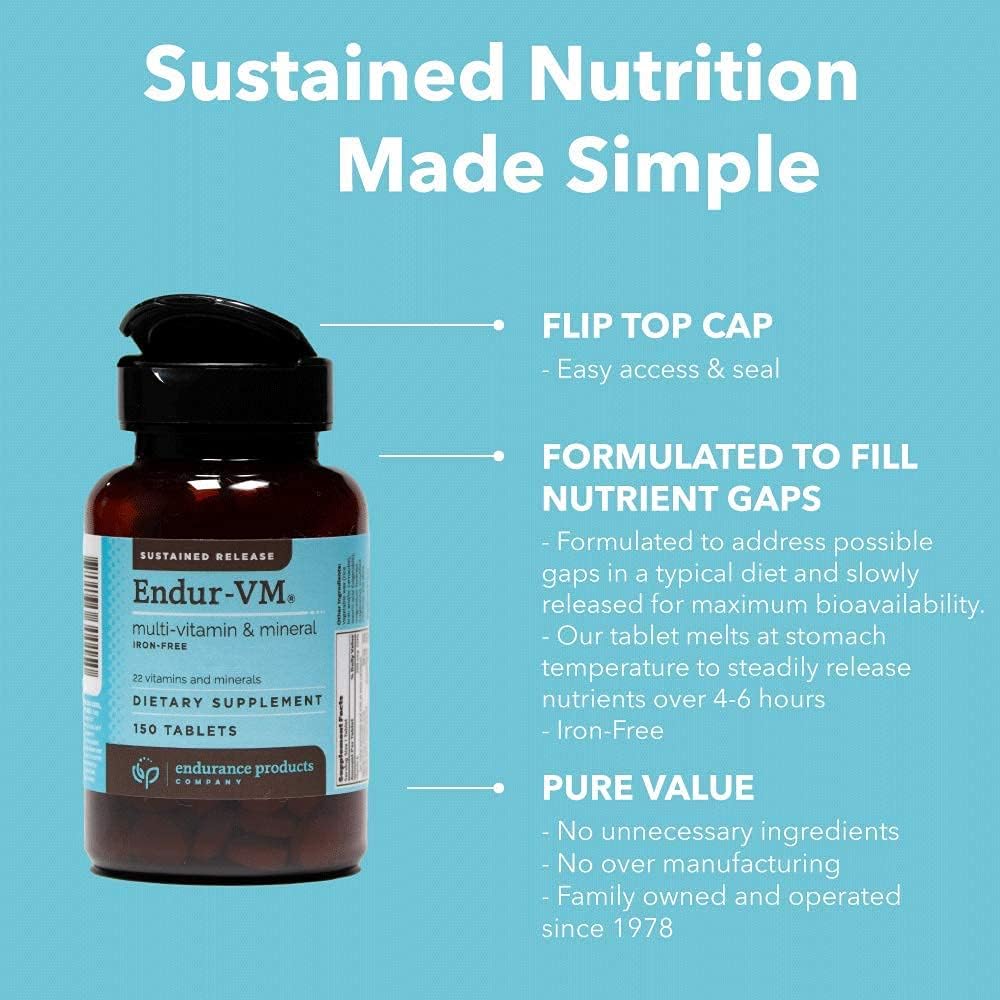 Iron-Free Endurance Products ENDUR-VM Sustained-Release Daily Multi-Vitamin with Essential Nutrients for Immune Health - 150 Tablets