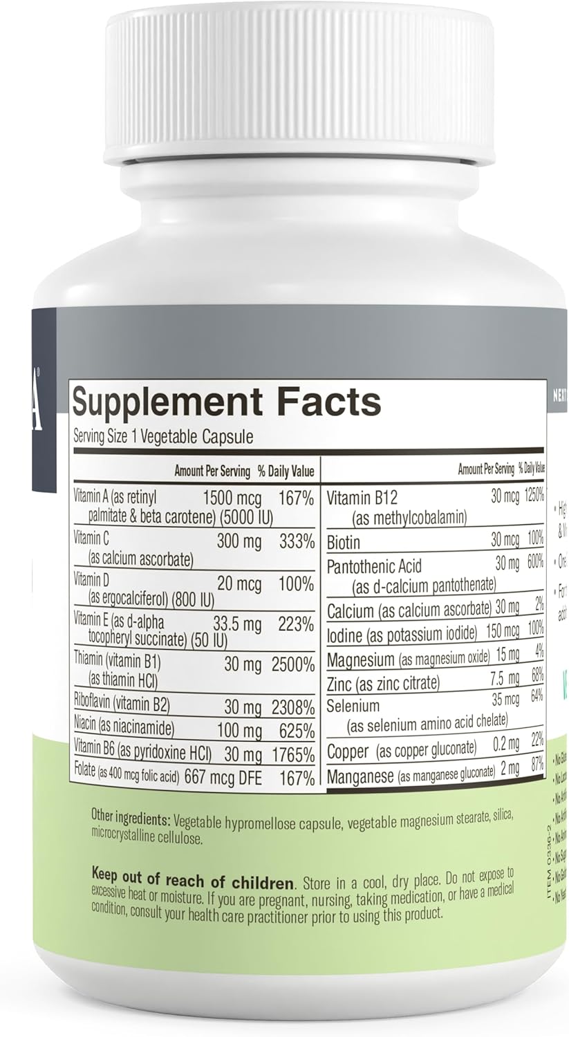 Iron-Free Kosher Adult Multivitamin for Women & Men - Biotin, B12, B1, B2, B5, Folic Acid, Niacinamide - Gluten Free (250 Capsules)