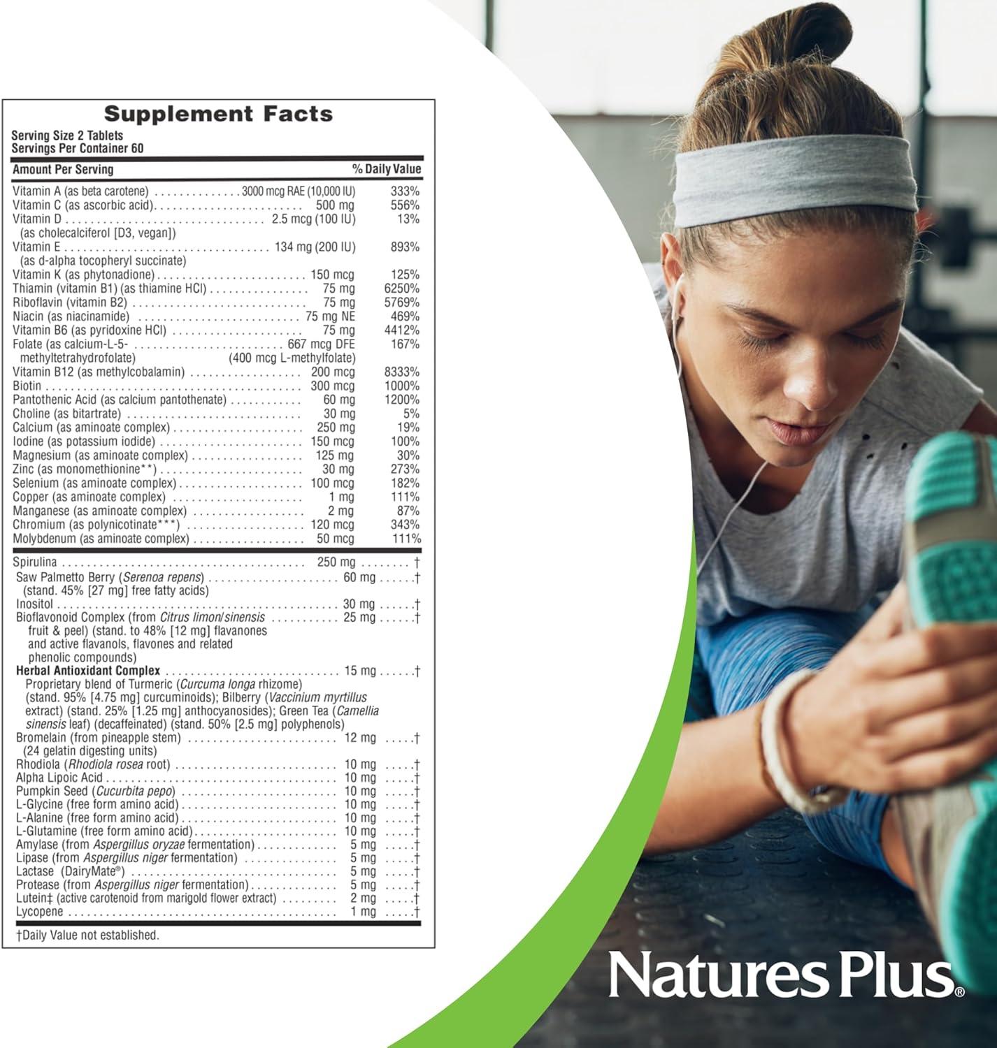 Iron-Free Men's Multi-Vitamin & Mineral Supplement - 240 Tablets - Natures Plus Source of Life - Saw Palmetto, Lycopene, Lutein - Gluten Free, Vegetarian - 120 Servings