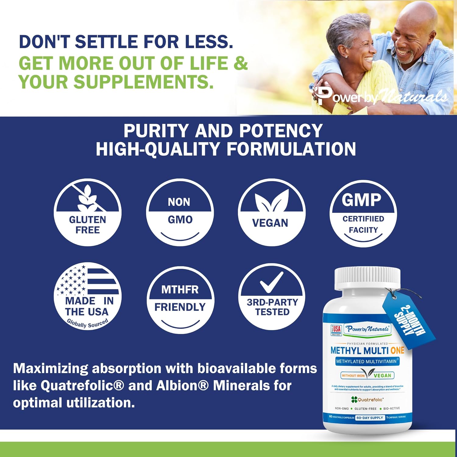 Iron-Free Methyl Multi One: Natural Energy Multivitamin for Men & Women, 2-PK - B12, P5P, Folate, CoQ10, Zinc - MTHFR Support