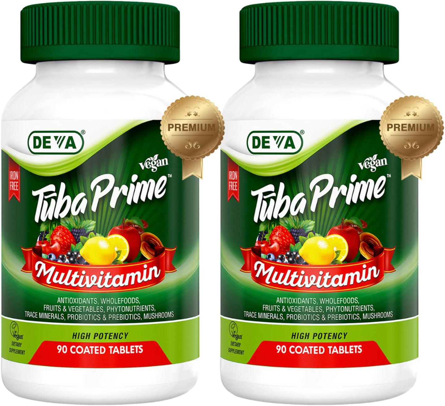 Iron-Free Vegan Multivitamin with Antioxidants, Probiotics, and Super Mushrooms - 2 Pack of 90 Tablets