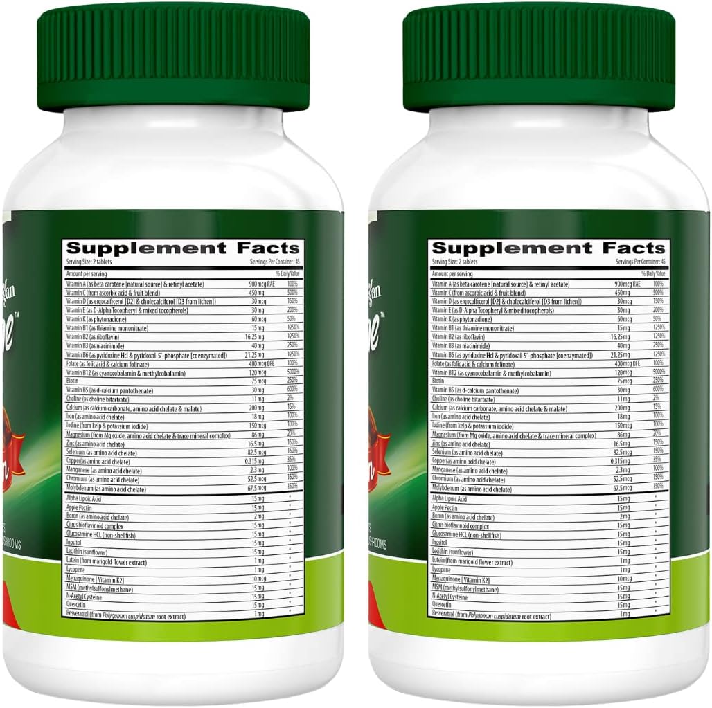 Iron-Free Vegan Multivitamin with Antioxidants, Probiotics, and Super Mushrooms - 2 Pack of 90 Tablets