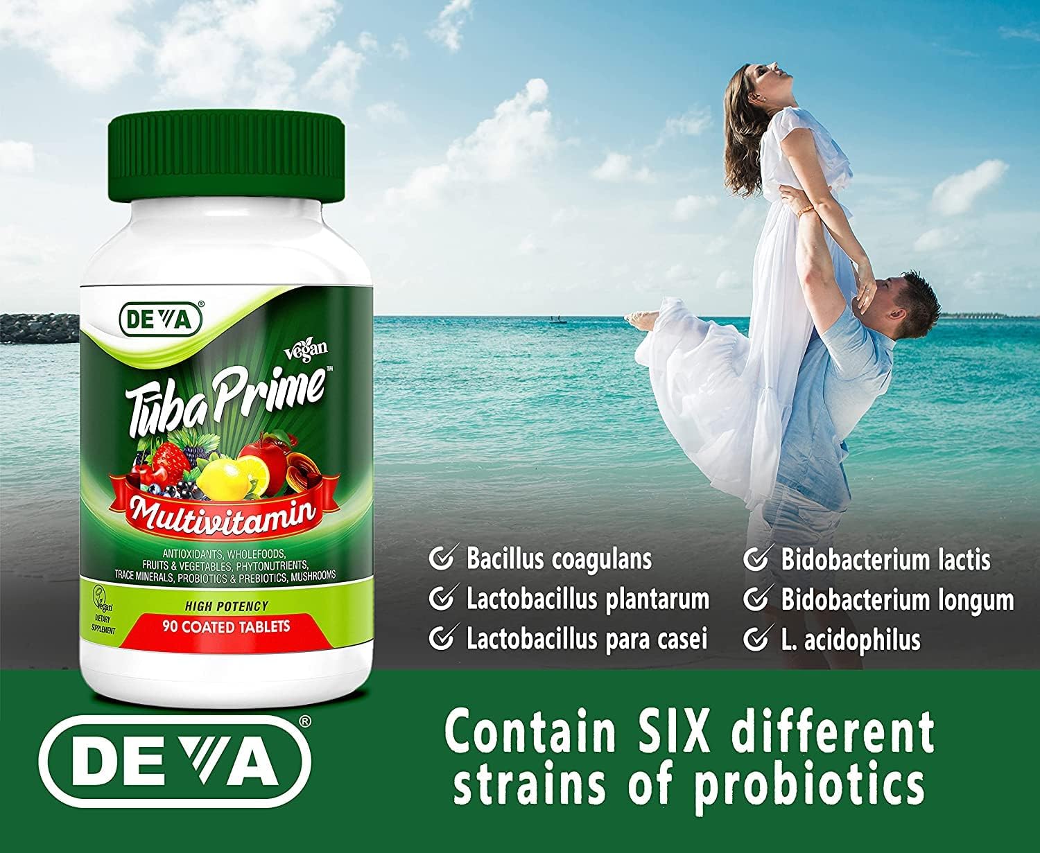 Iron-Free Vegan Multivitamin with Antioxidants, Probiotics, and Super Mushrooms - 2 Pack of 90 Tablets