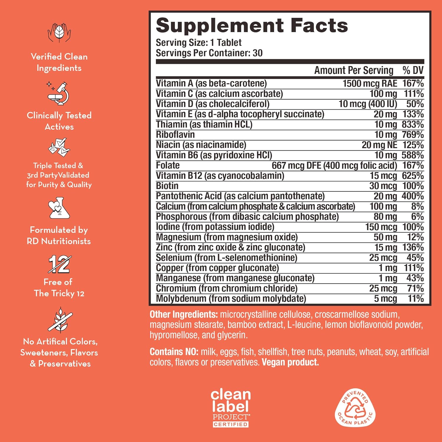 Iron-Free Women's Daily Mineral Supplement with B Complex, Vitamin C, 22 Micro-Nutrients - Postmenopausal Support - Non-GMO, Soy-Free, Gluten-Free - 30 Count