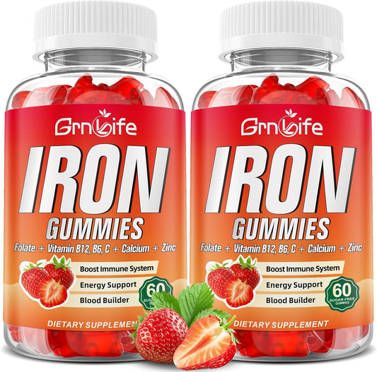 Iron Gummies for Women, Men & Kids - Sugar Free Supplement with Calcium, Zinc, Folate & B12, 120 Count