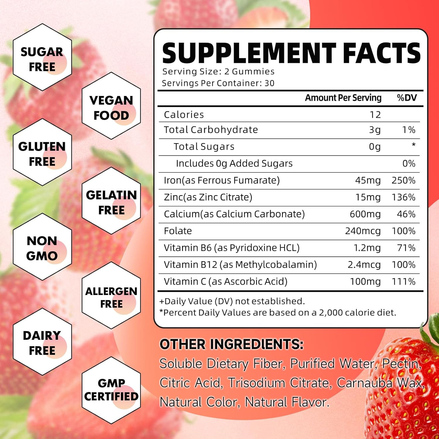 Iron Gummies for Women, Men & Kids - Sugar Free Supplement with Calcium, Zinc, Folate & B12, 120 Count