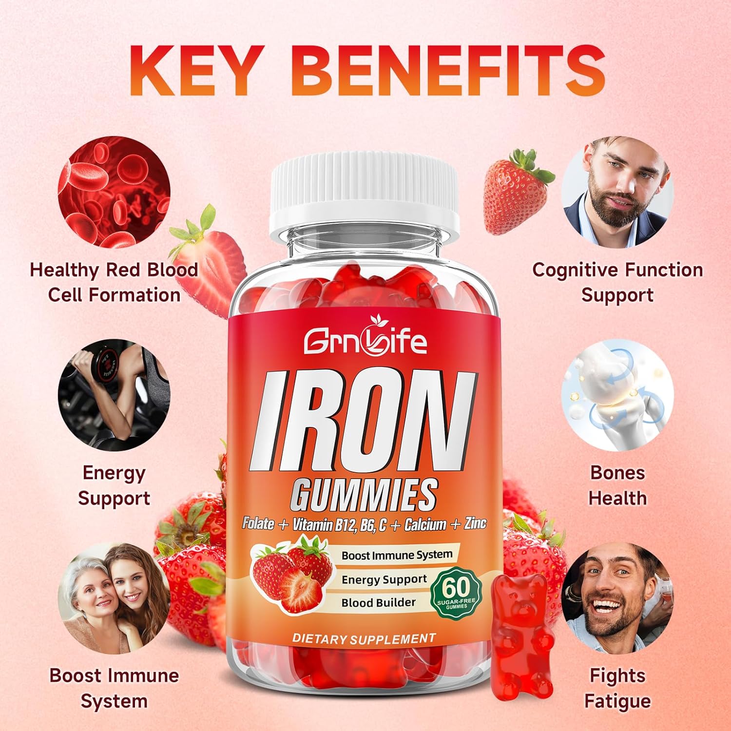 Iron Gummies for Women, Men & Kids - Sugar Free Supplement with Calcium, Zinc, Folate & B12, 120 Count