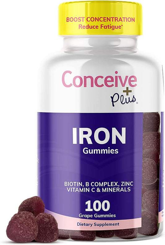 Iron Gummies for Women with Biotin & Vitamin C - Chewable Grape Flavor, 100 Count
