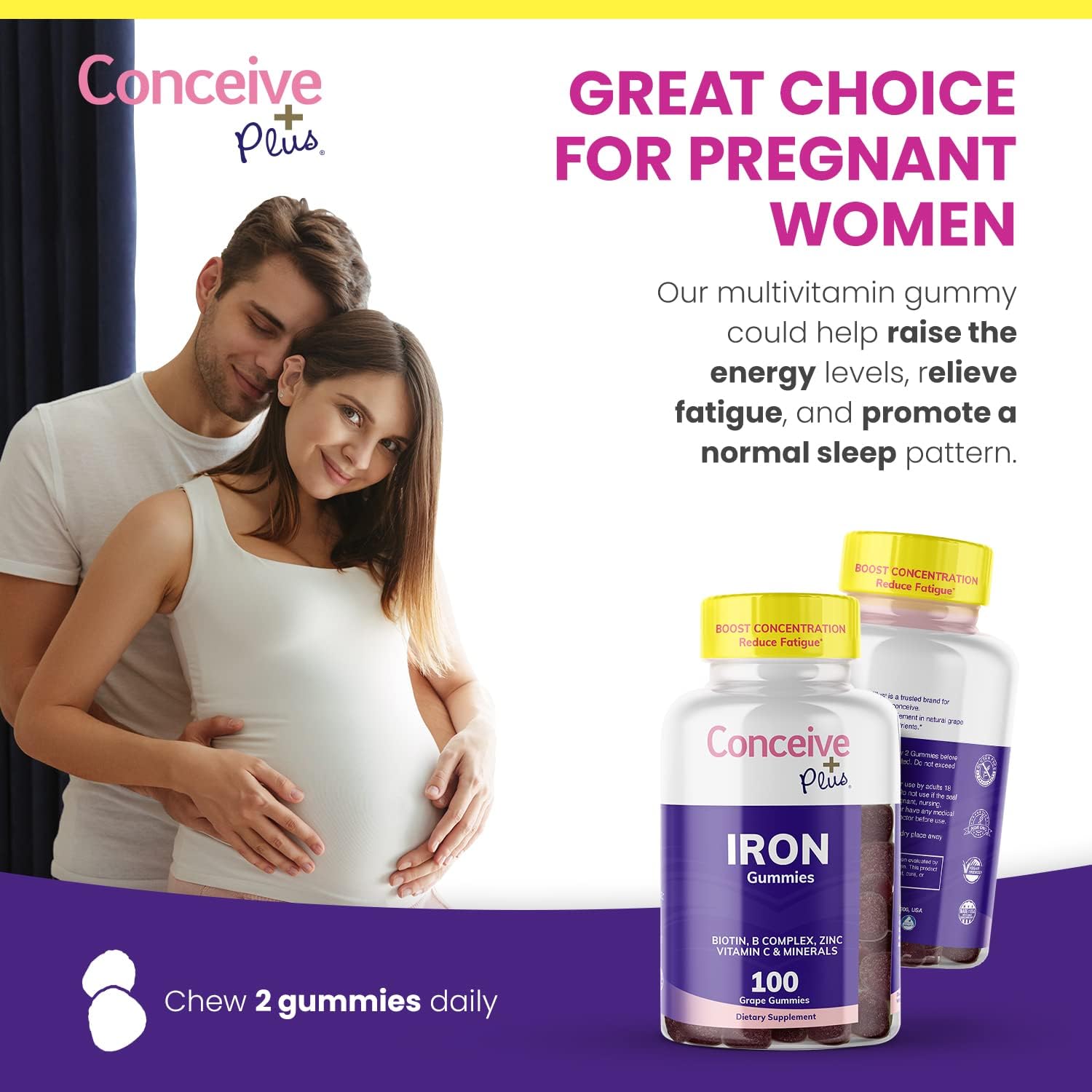 Iron Gummies for Women with Biotin & Vitamin C - Chewable Grape Flavor, 100 Count