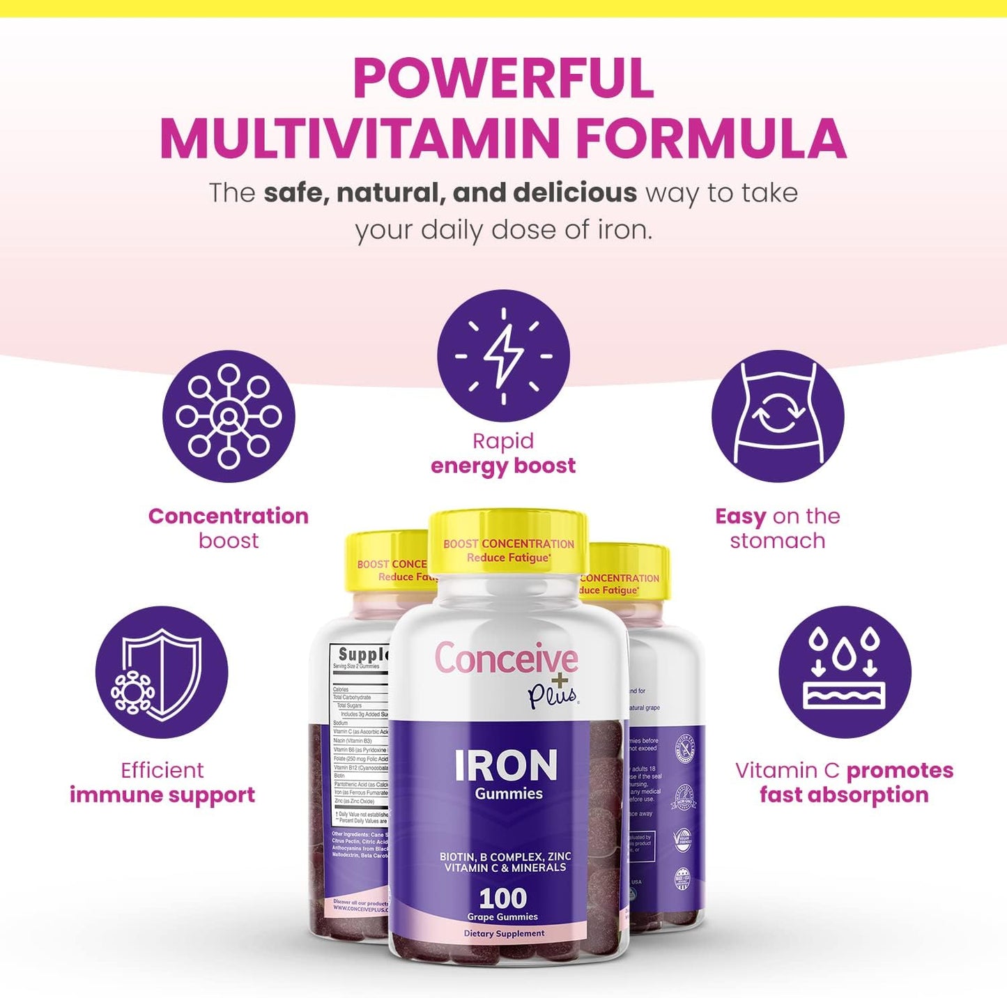 Iron Gummies for Women with Biotin & Vitamin C - Chewable Grape Flavor, 100 Count