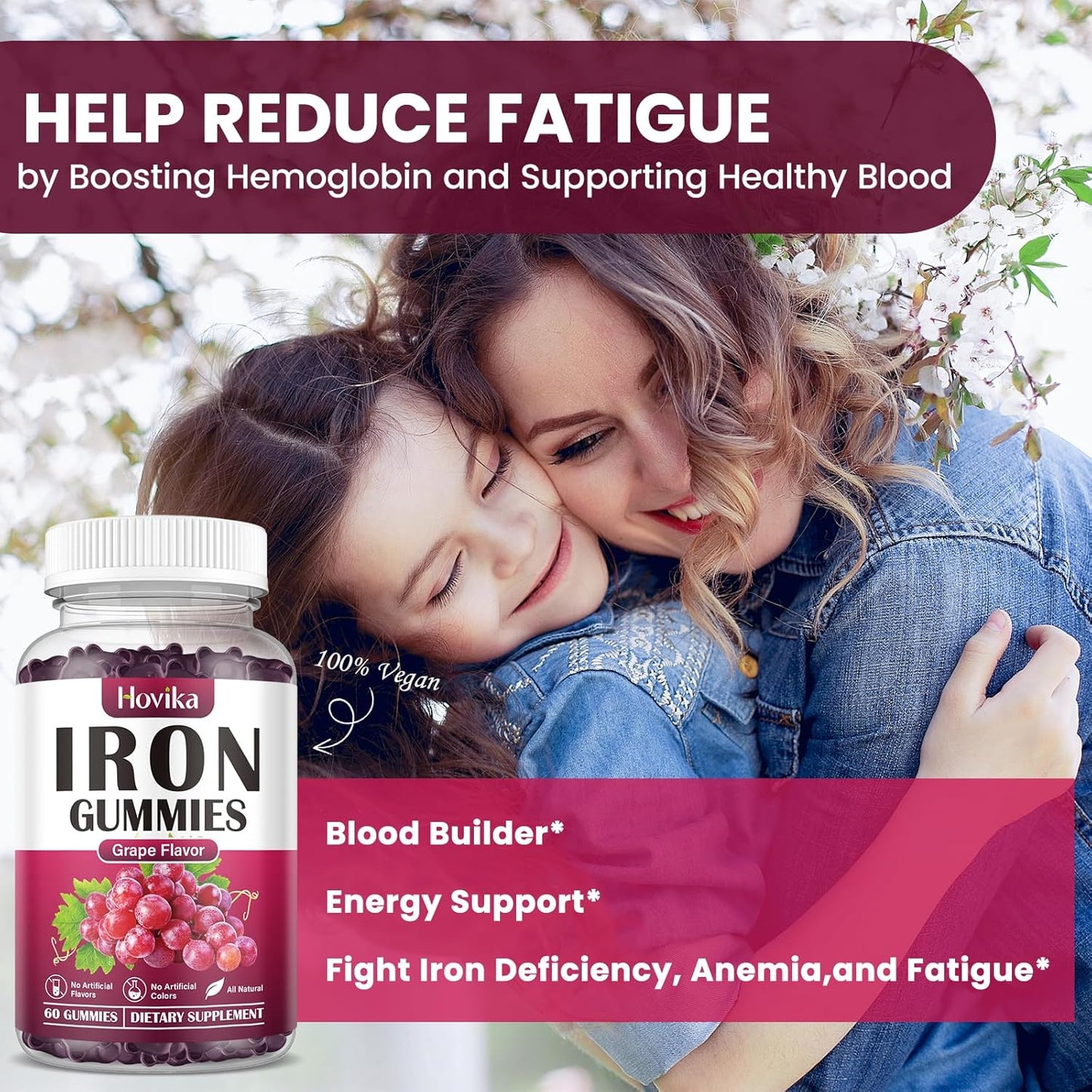 Iron Gummies Supplement (2 Pack) for Anemia with Vitamin C, B12, Folate - Blood Builder and Energy Support for Iron Deficiency - Grape Flavor, Vegan - 120 Gummies