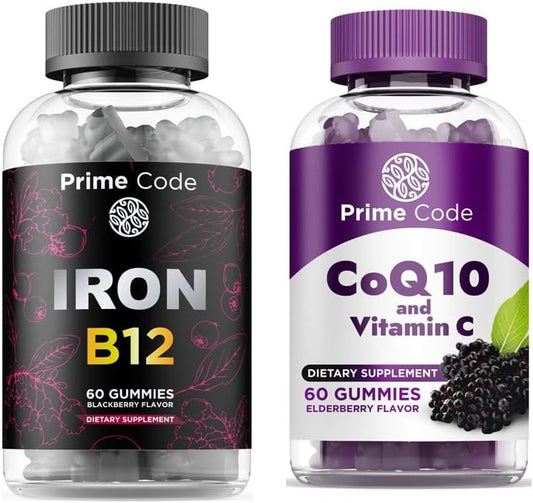 Iron Gummies with Vitamin B12, CoQ10, and Vitamin C for Men & Women - 2 in 1 Formula