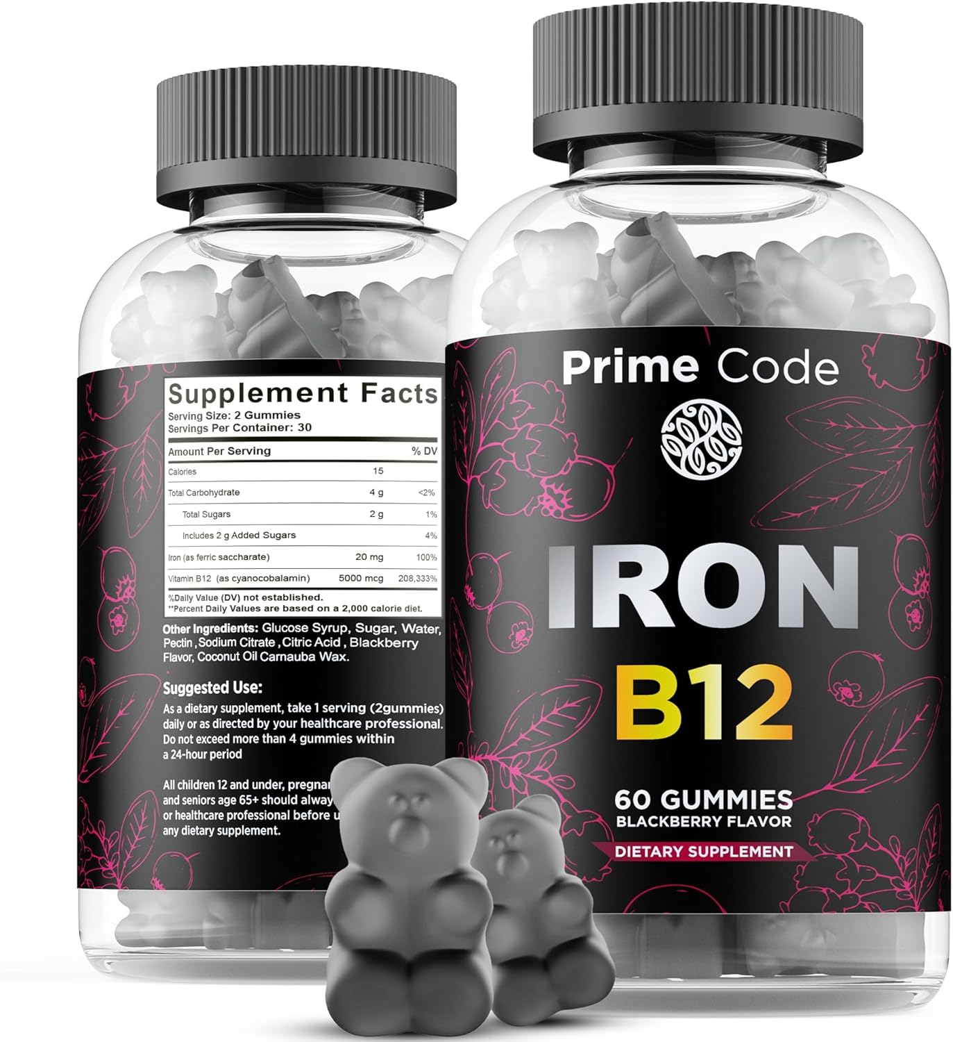 Iron Gummies with Vitamin B12, CoQ10, and Vitamin C for Men & Women - 2 in 1 Formula