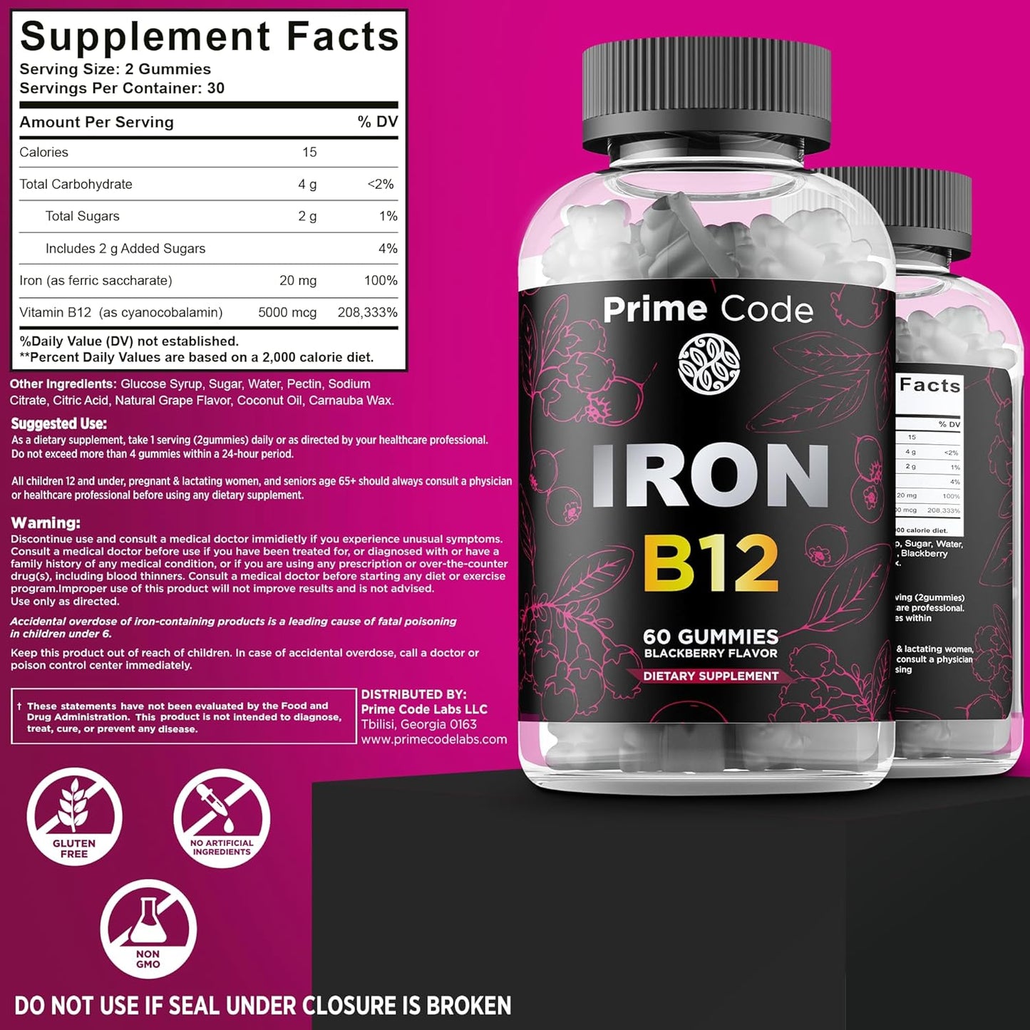 Iron Gummies with Vitamin B12, CoQ10, and Vitamin C for Men & Women - 2 in 1 Formula