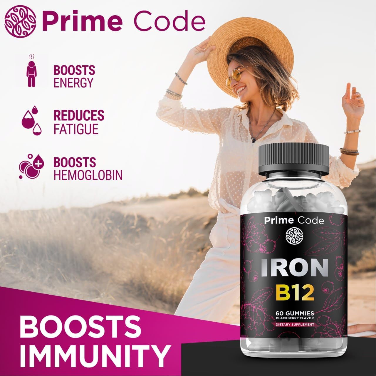 Iron Gummies with Vitamin B12, CoQ10, and Vitamin C for Men & Women - 2 in 1 Formula
